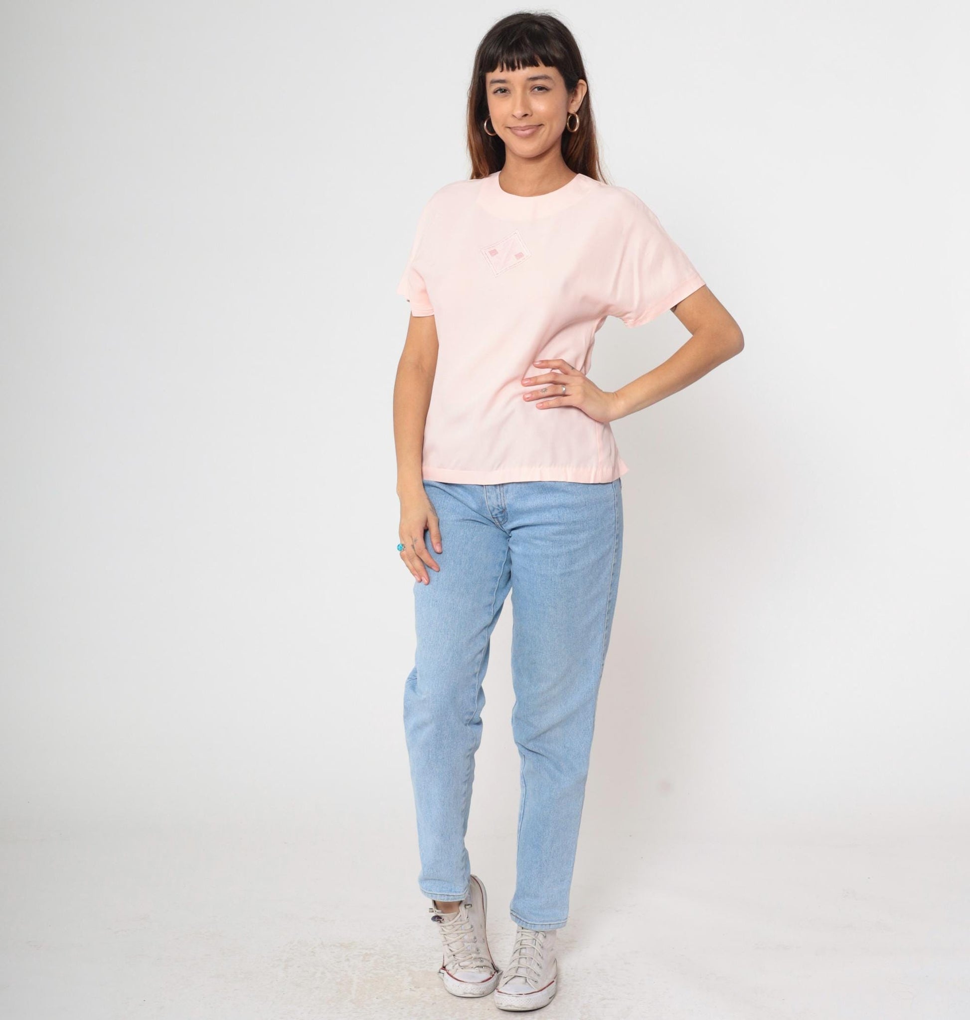 80s Nicole Blake Petites Blush Pink Embroidered Diamond Blouse Short Sleeve Small S