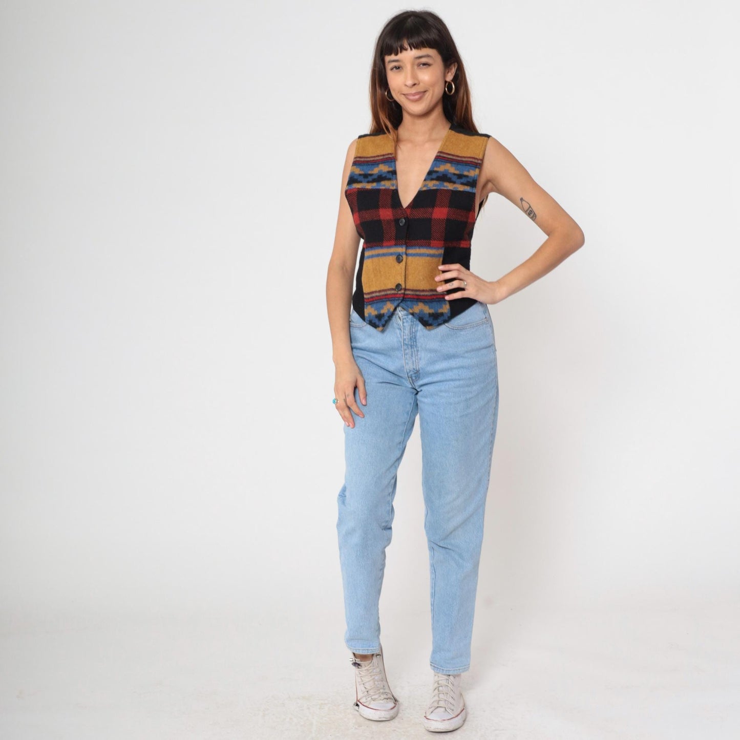 90s Southwestern Plaid Wool Vest Black Red Geometric Button V-Neck Small