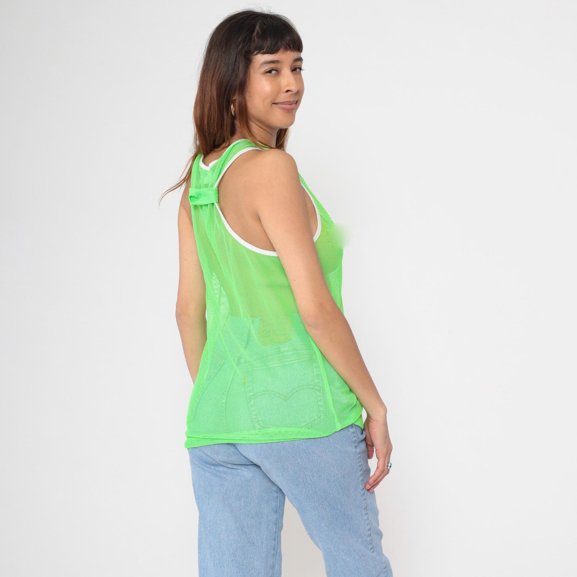 90s Neon Green Mesh Tank Top Sheer Racerback White Ringer Trim One Size