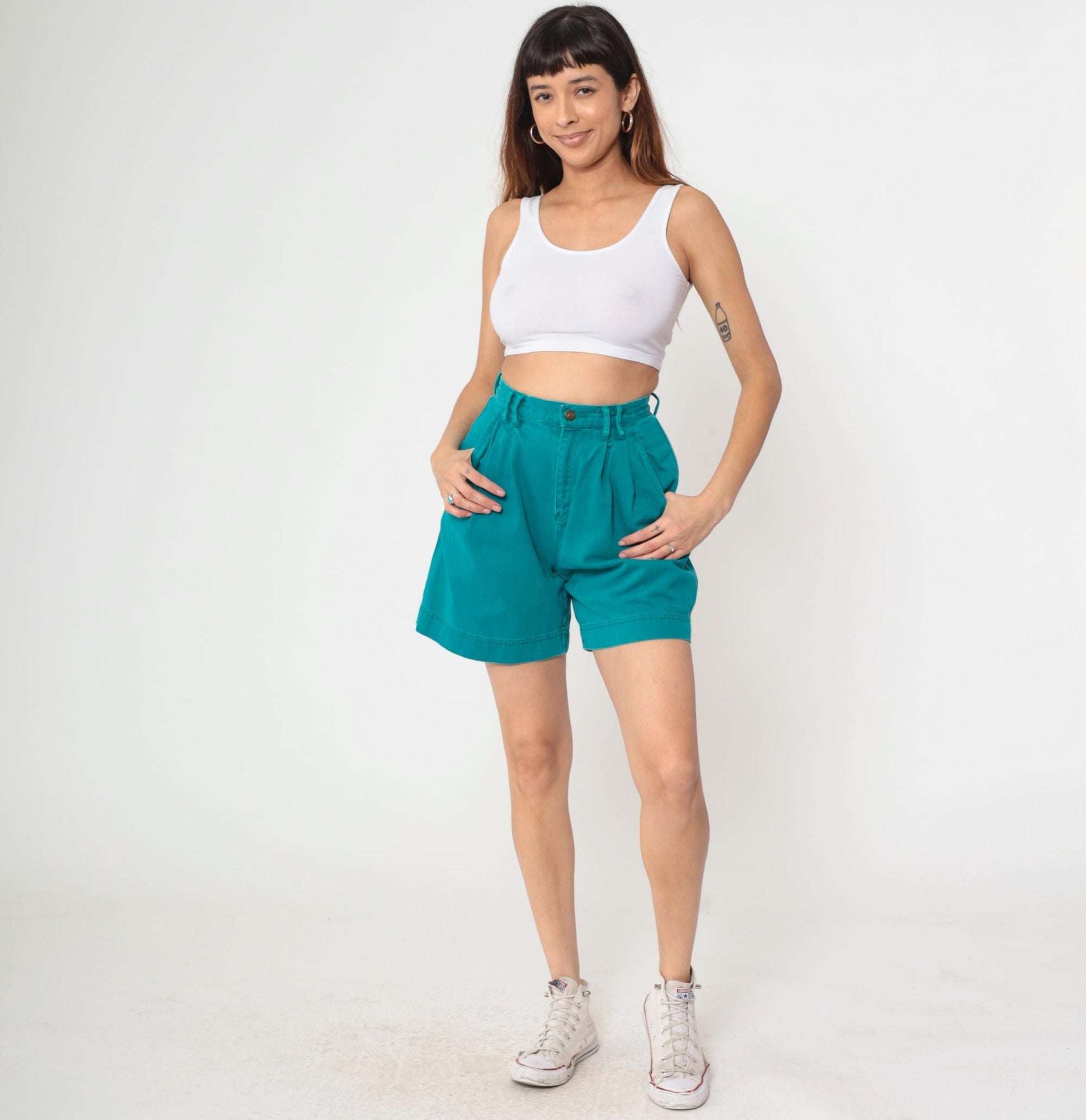 90s Lizwear Teal Denim Shorts High Waist Pleated Mom Shorts Extra Small XS