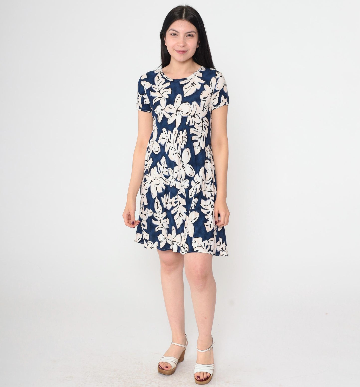 90s K.C. Spencer Tropical Floral Mini Dress Blue Shift Short Sleeve Medium