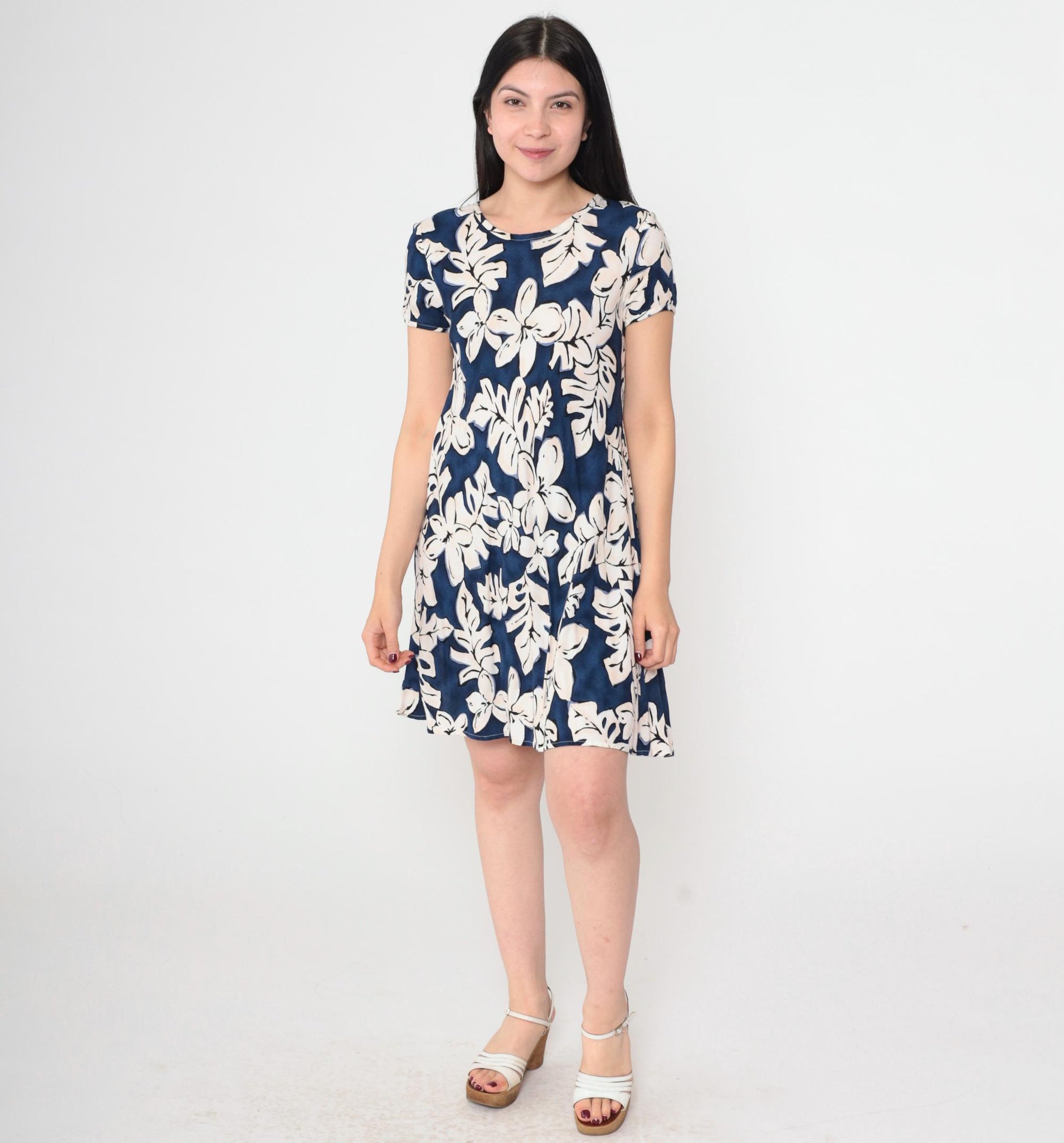 90s K.C. Spencer Tropical Floral Mini Dress Blue Shift Short Sleeve Medium
