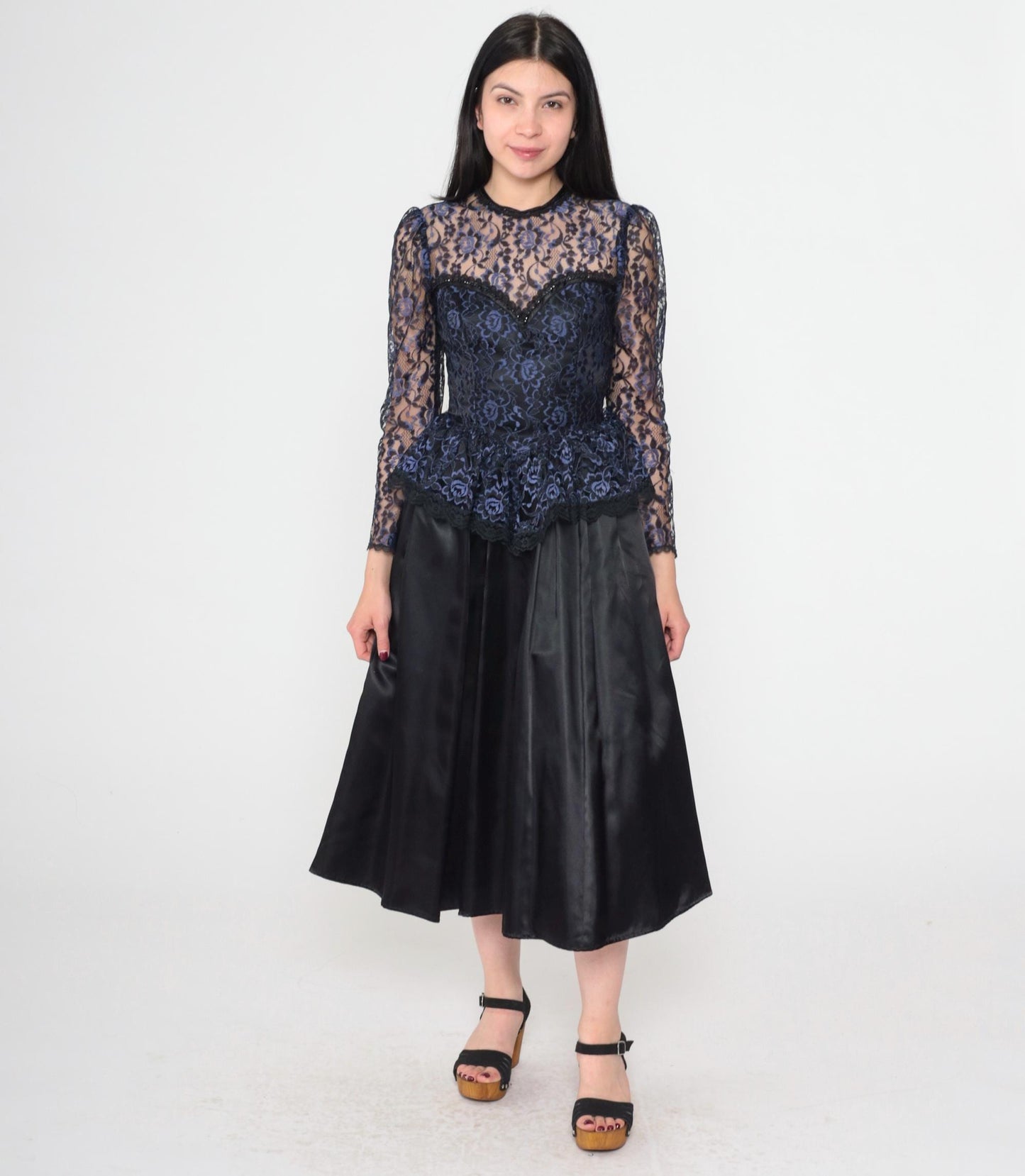 80s Gunne Sax Black Lace Midi Dress Sweetheart Neckline Peplum Extra Small