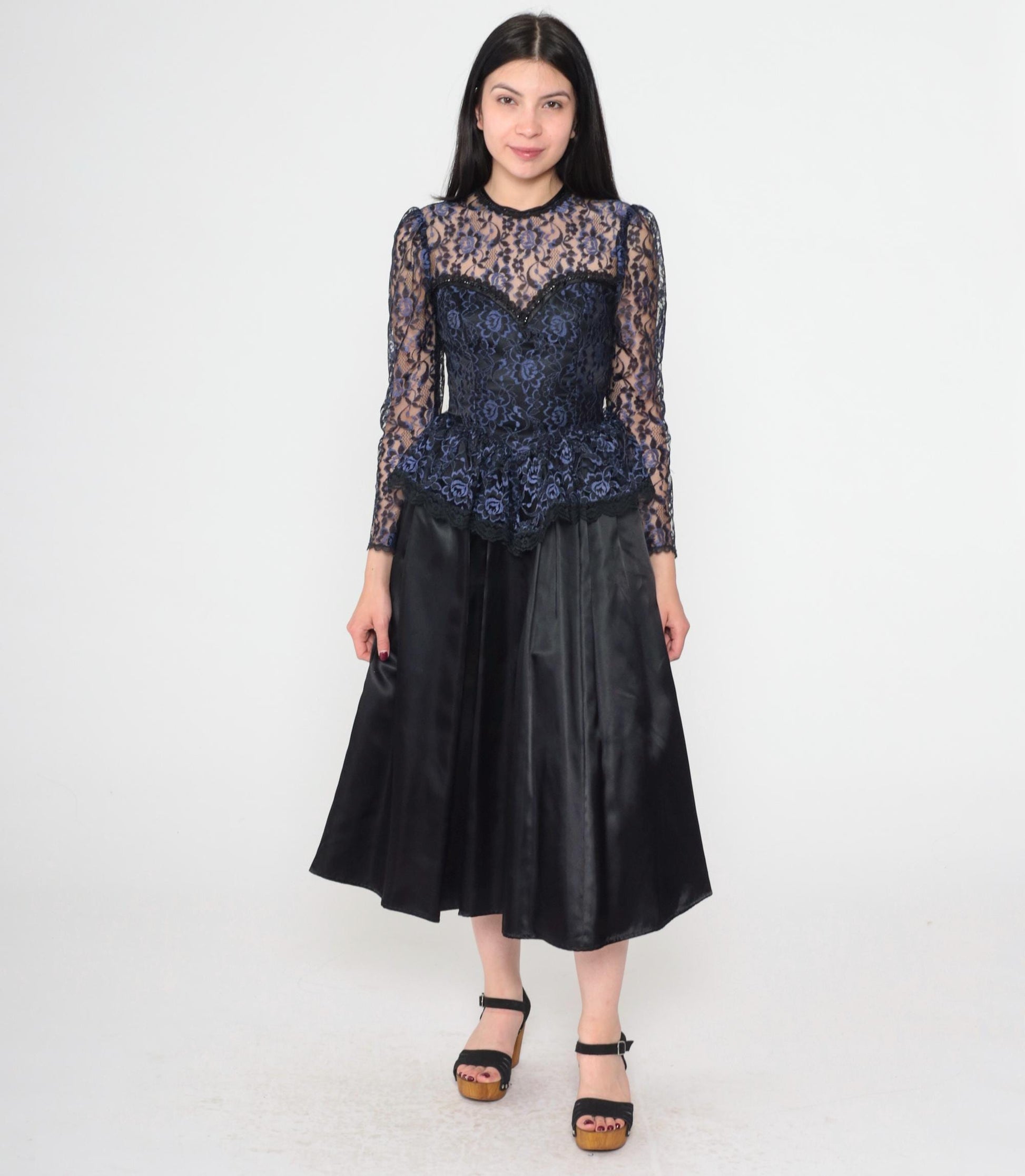 80s Gunne Sax Black Lace Midi Dress Sweetheart Neckline Peplum Extra Small