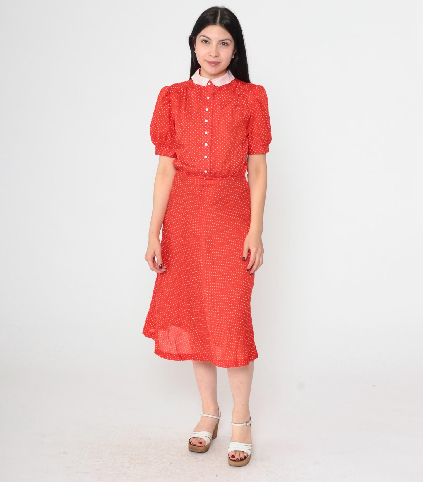80s Red Polka Dot Midi Dress Peter Pan Collar Puff Sleeve High Waist Extra Small