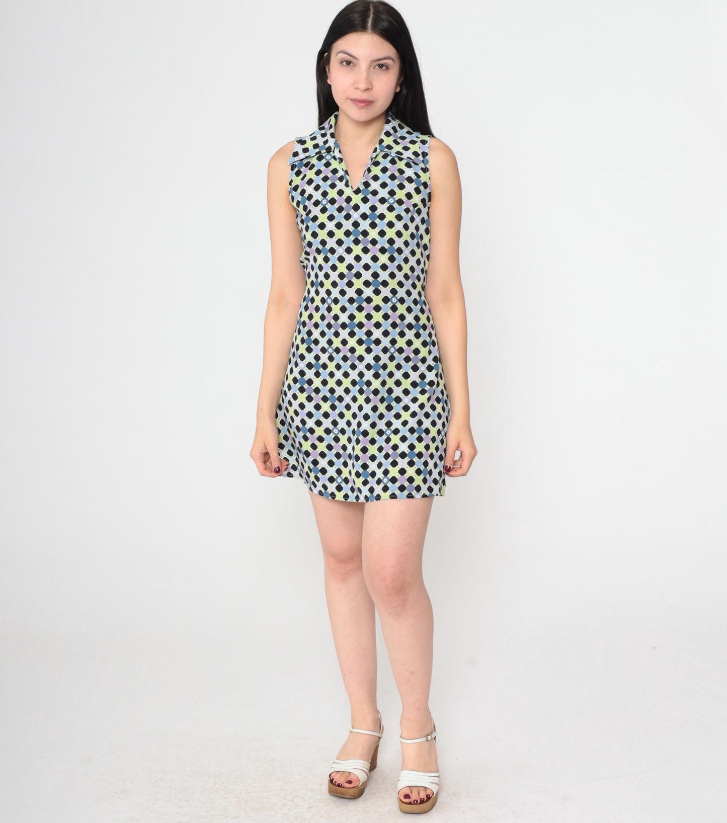 90s Geometric Polka Dot Mini Dress Sleeveless Collared Tie-Back Small S
