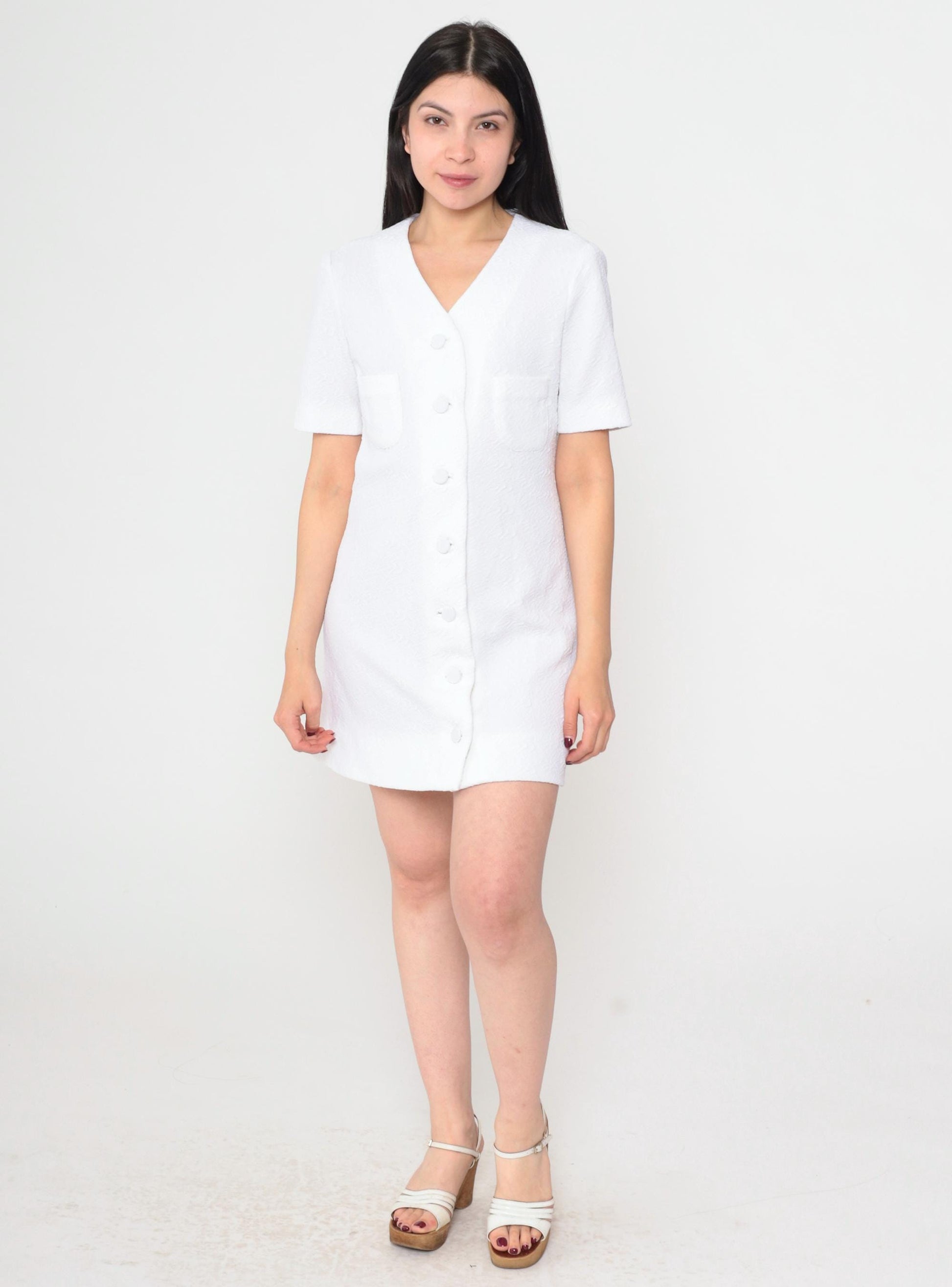 60s White Mod Shift Dress Mini Button-Up Chest Pocket Short Sleeve Small