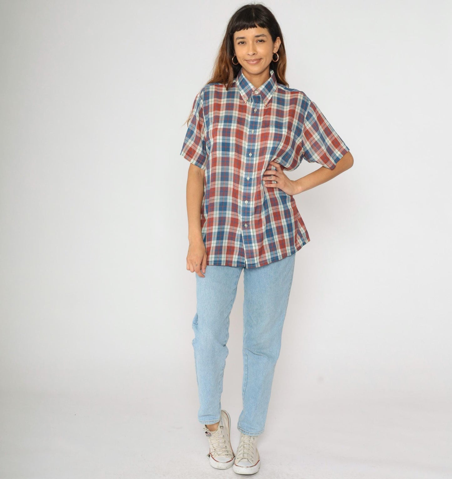 80s Towncraft Plaid Button-Up Shirt Rust White Blue Short Sleeve Large L