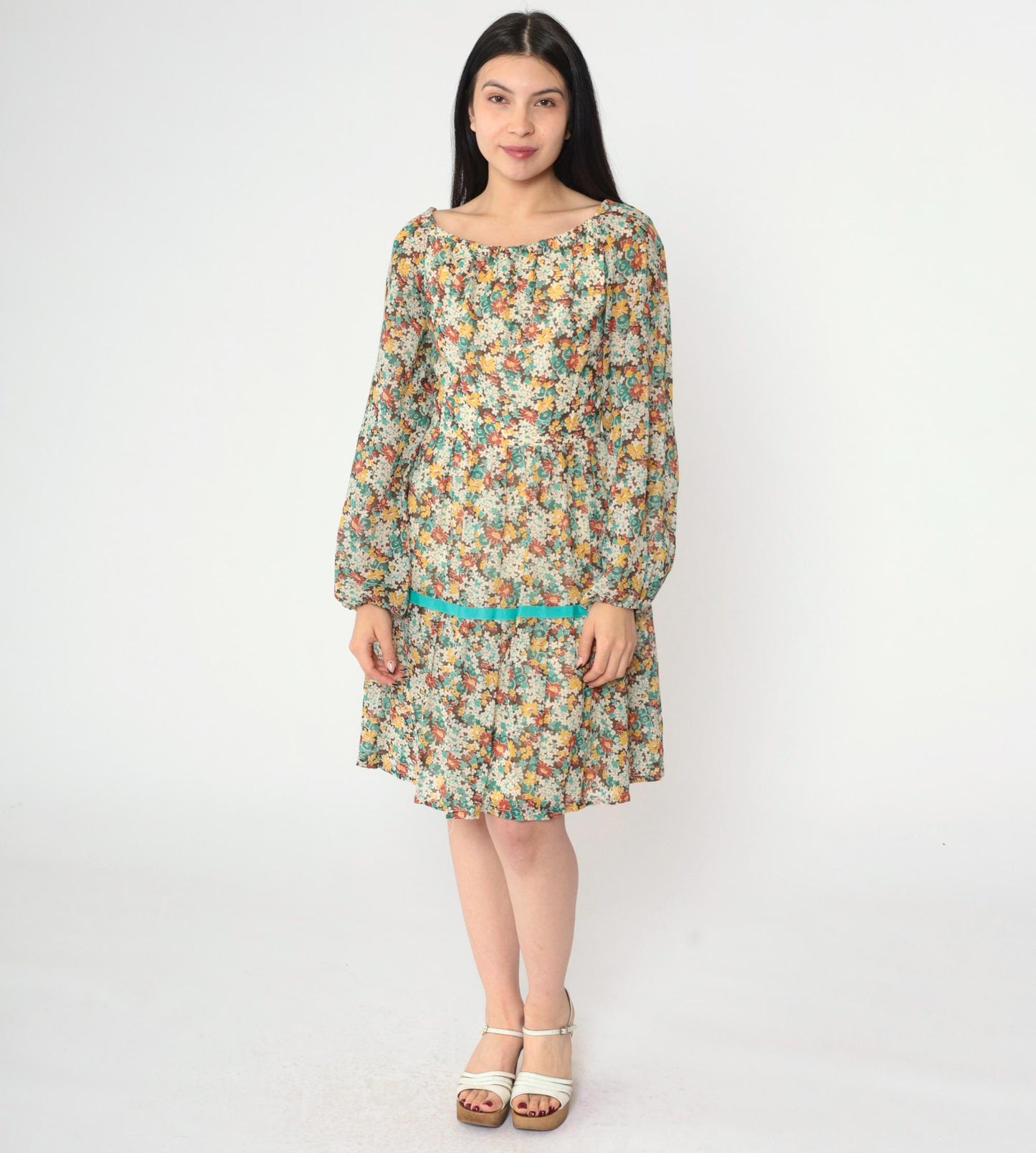 70s Floral Peasant Dress Off-Shoulder Tiered Mini Long Sleeve Small