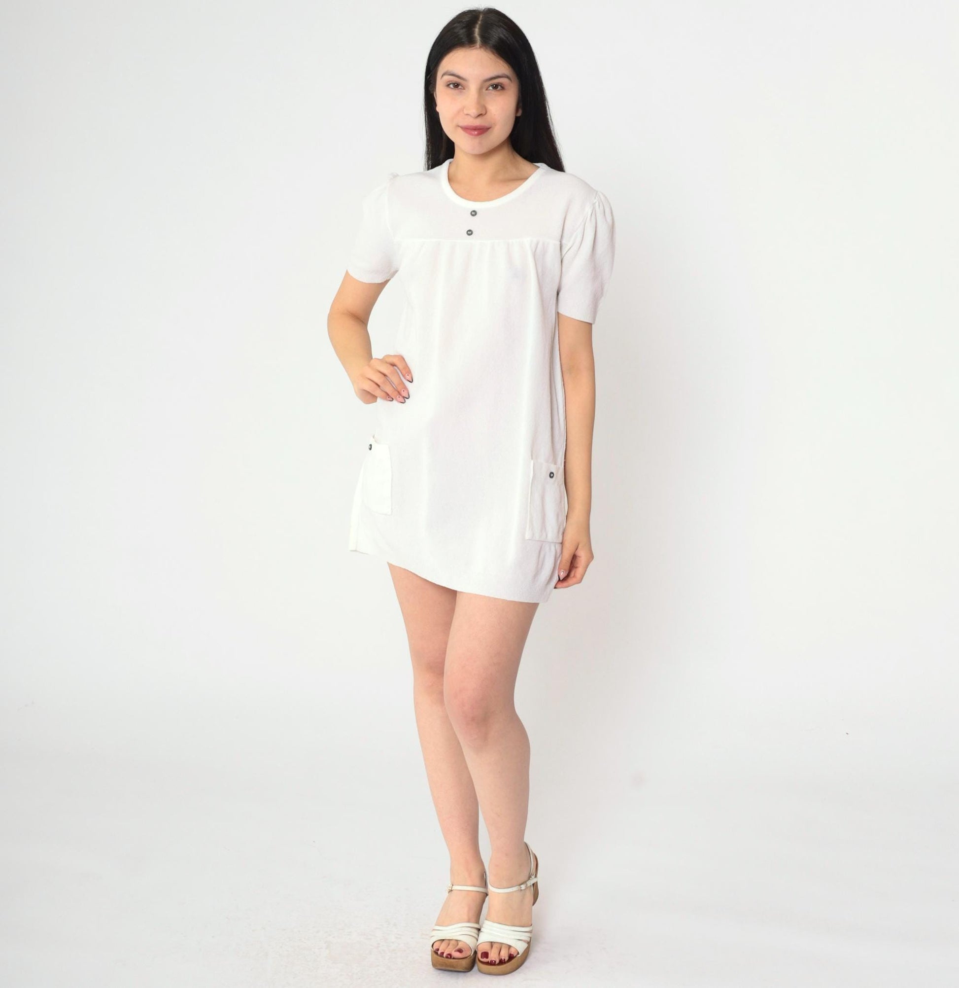 60s White Mod Puff Sleeve Mini Dress Shift A-Line Patch Pocket Small
