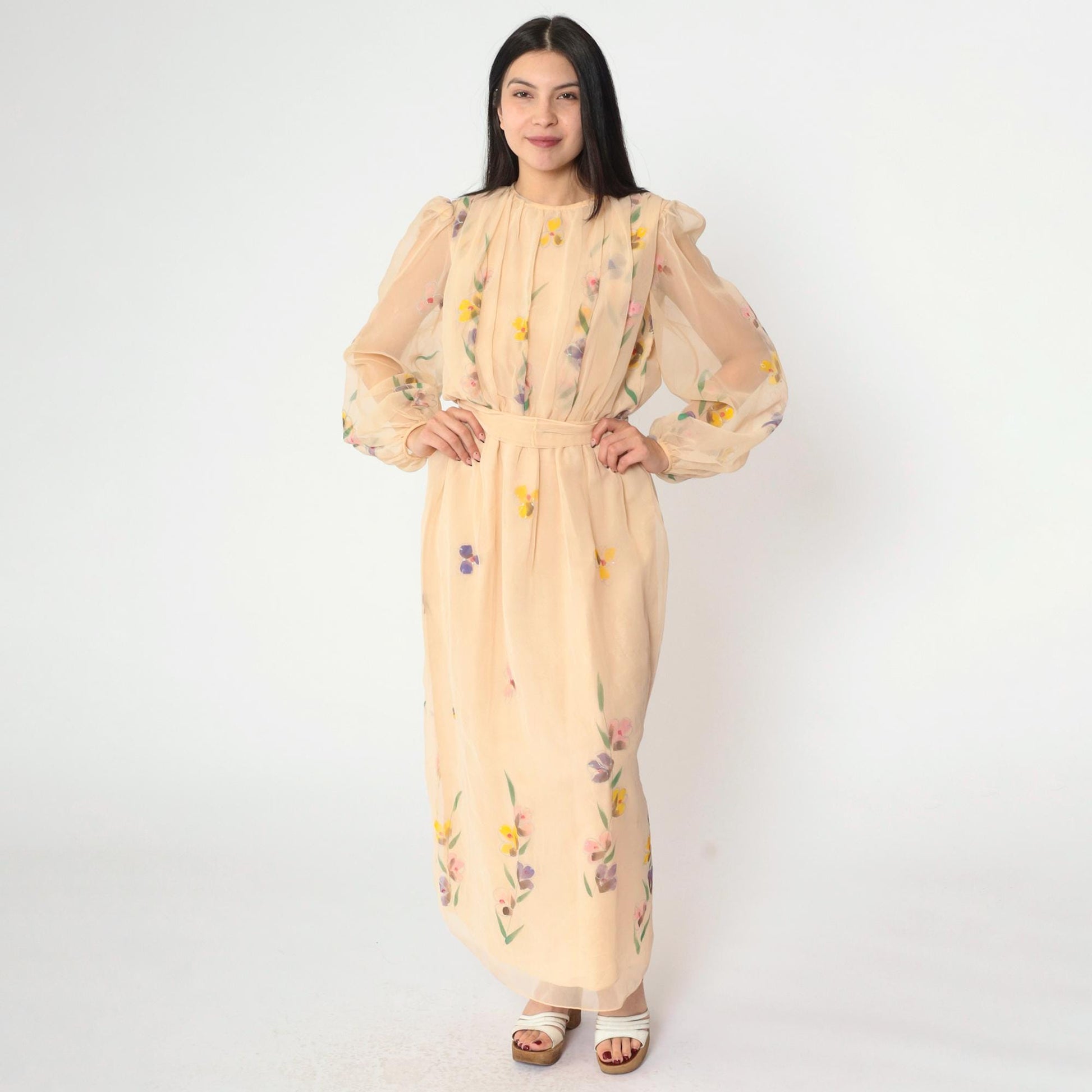 70s Peach Floral Chiffon Maxi Dress Puff Sleeve High Waist Small
