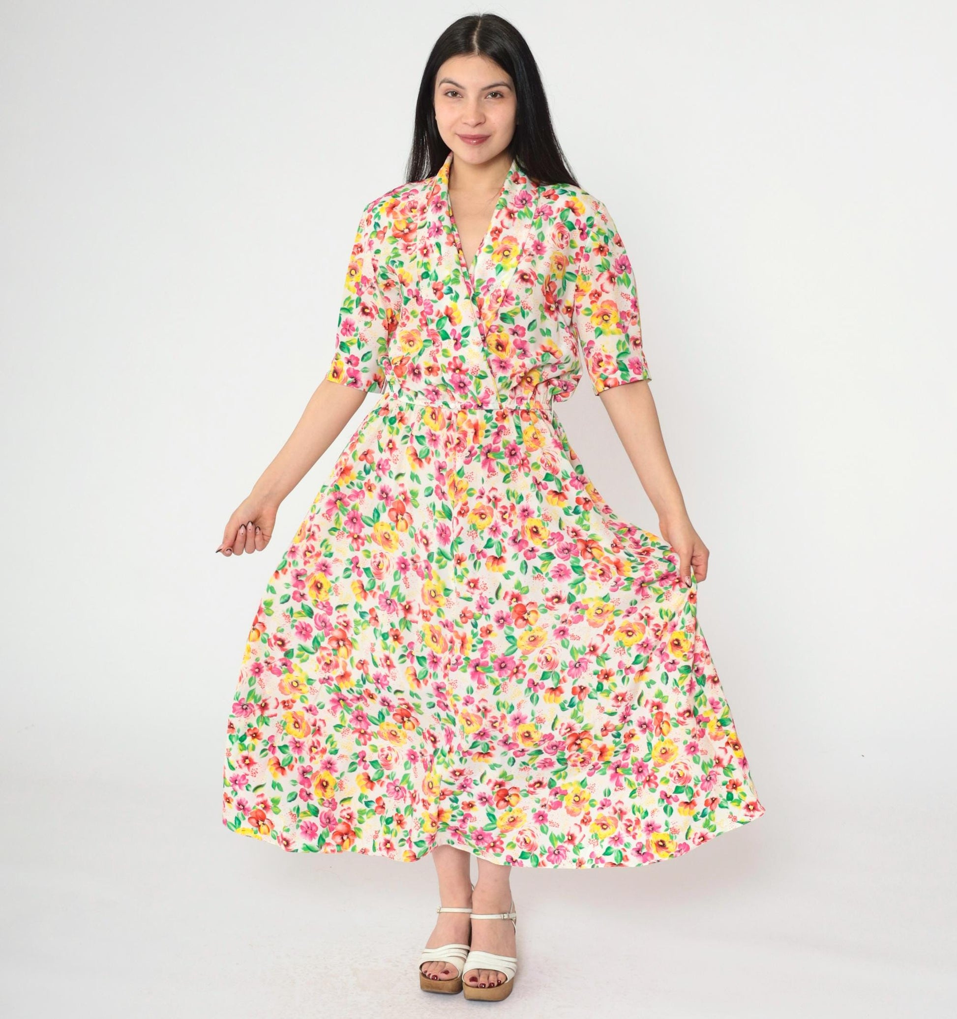 80s Liz Roberts Floral Wrap Dress Midi Pink Yellow White V-Neck Medium 8