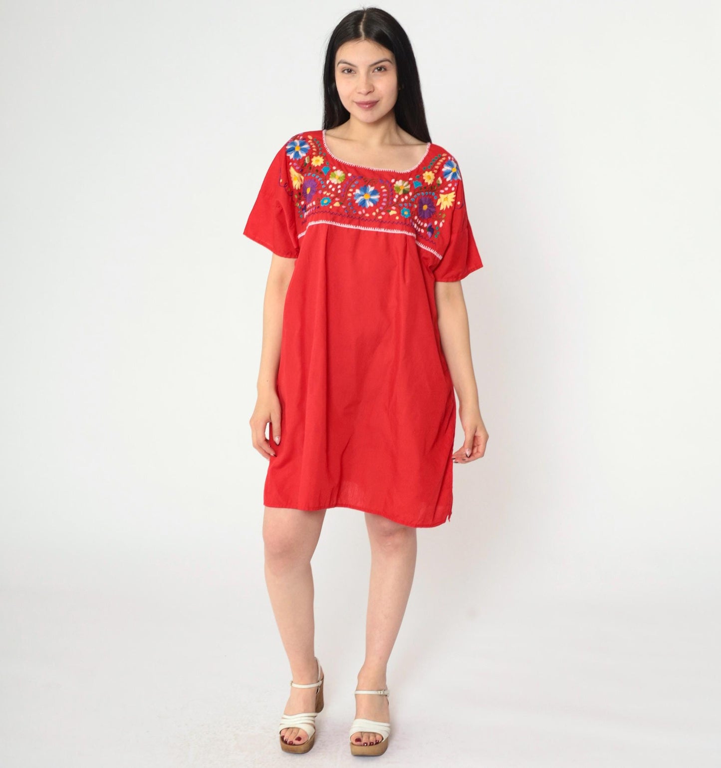 Mexican Embroidered Mini Dress Red Floral Tunic Short Sleeve XXL