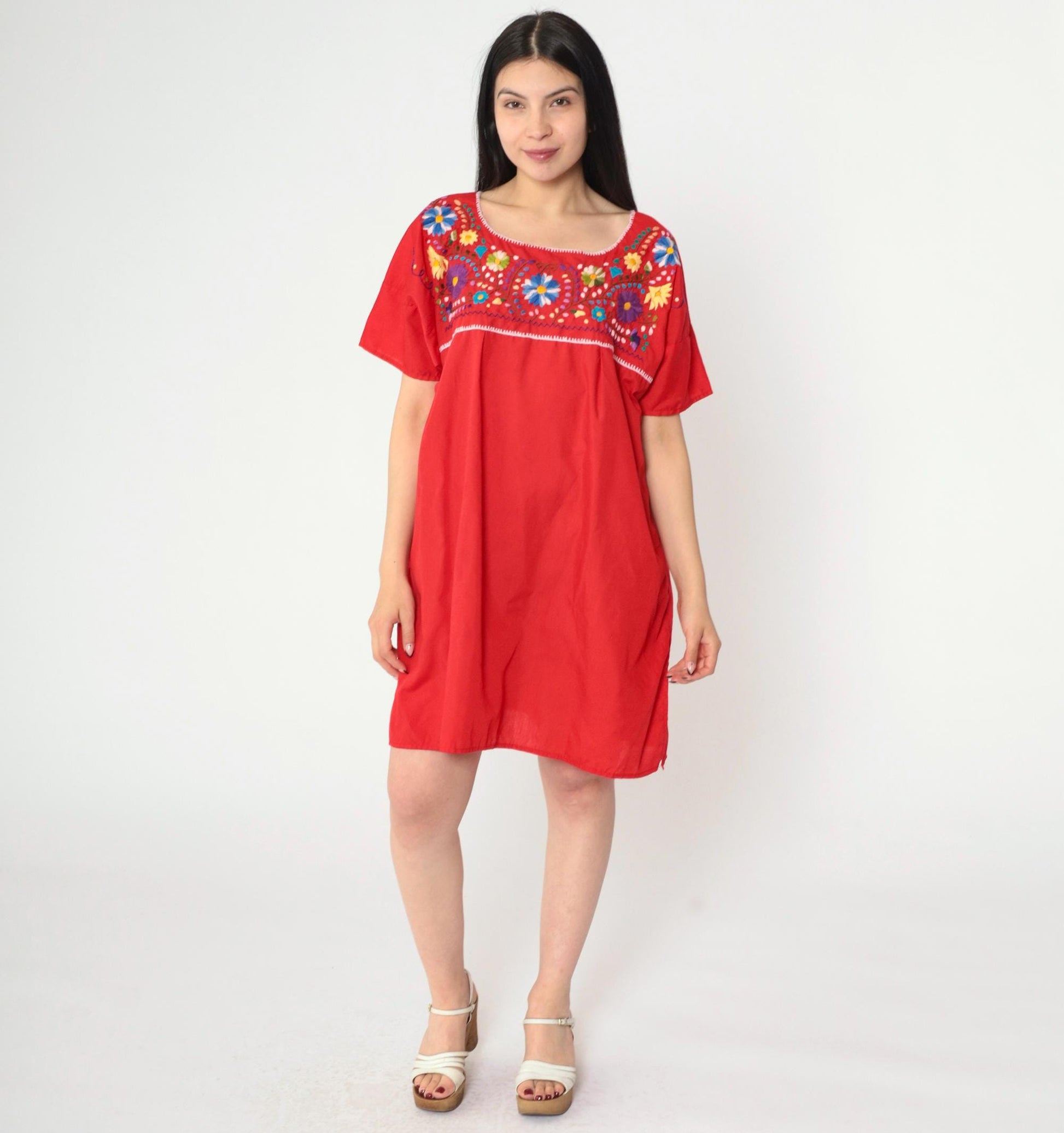 Mexican Embroidered Mini Dress Red Floral Tunic Short Sleeve XXL