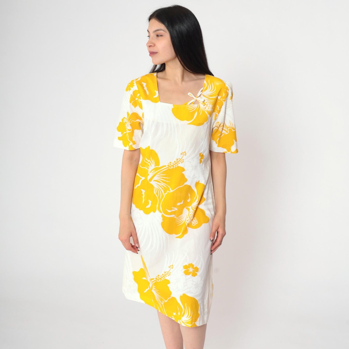 80s Hawaiian Floral Mini Dress White Yellow Tropical Puff Sleeve Small
