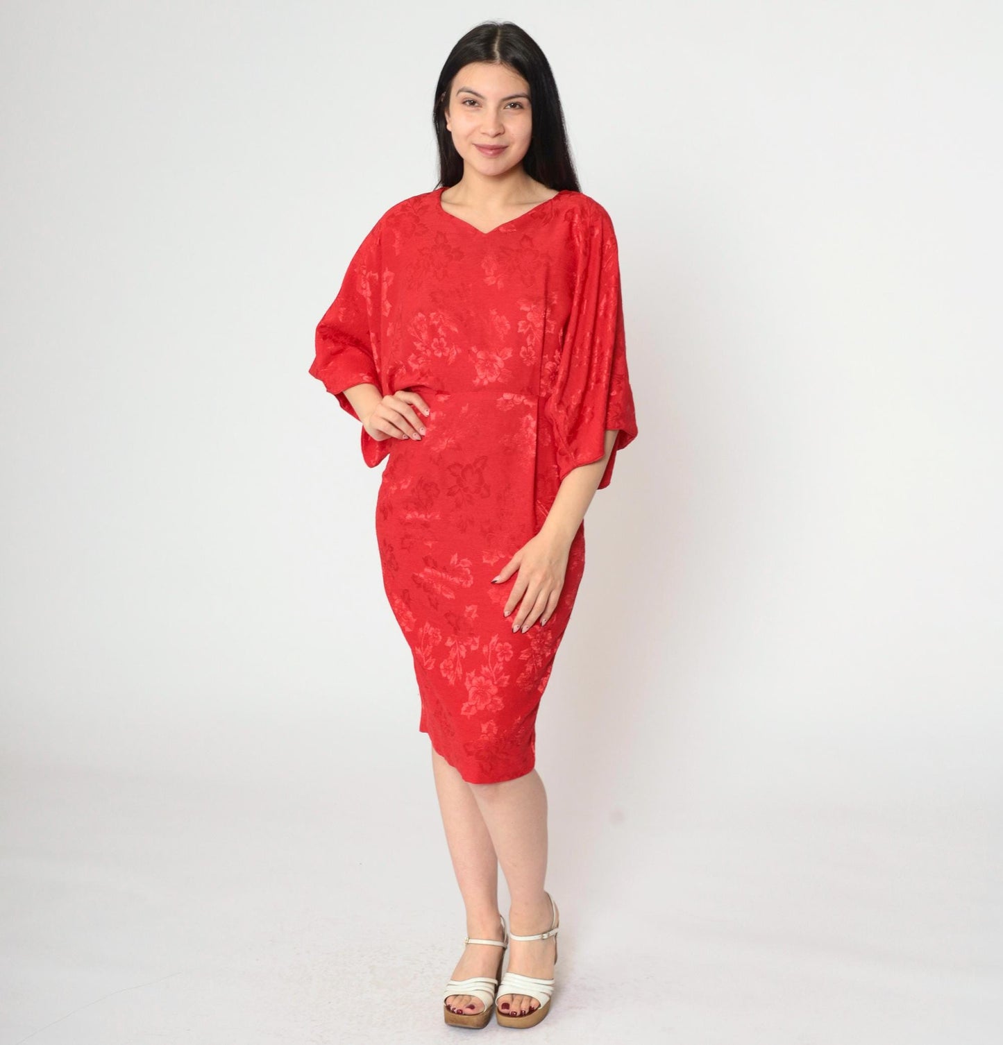80s Red Jacquard Dress Kimono Sleeve V-Neck Sheath Knee-Length Extra Small