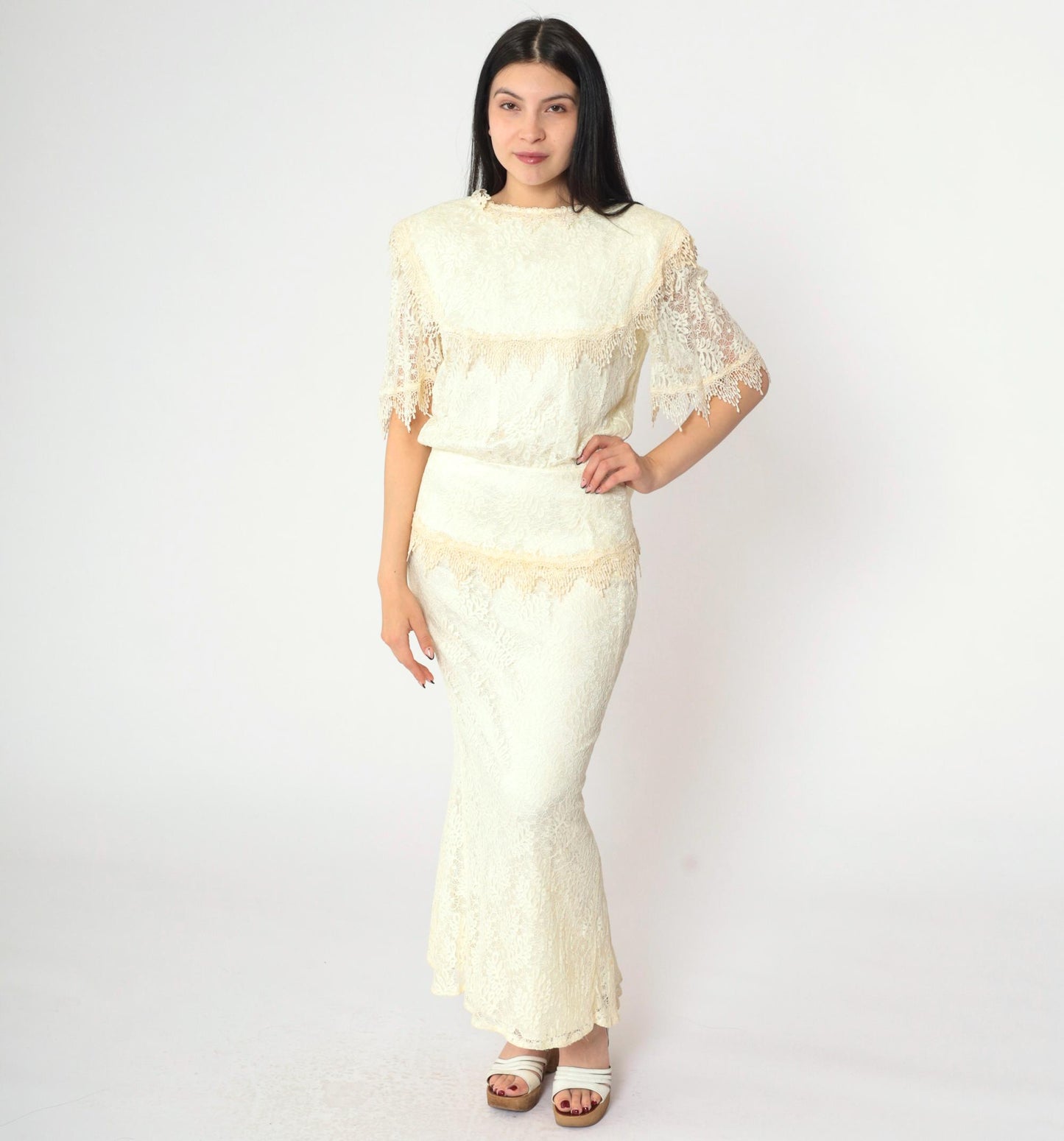 80s Jessica McClintock Ivory Lace Maxi Gown Bow Back Short Sleeve Small