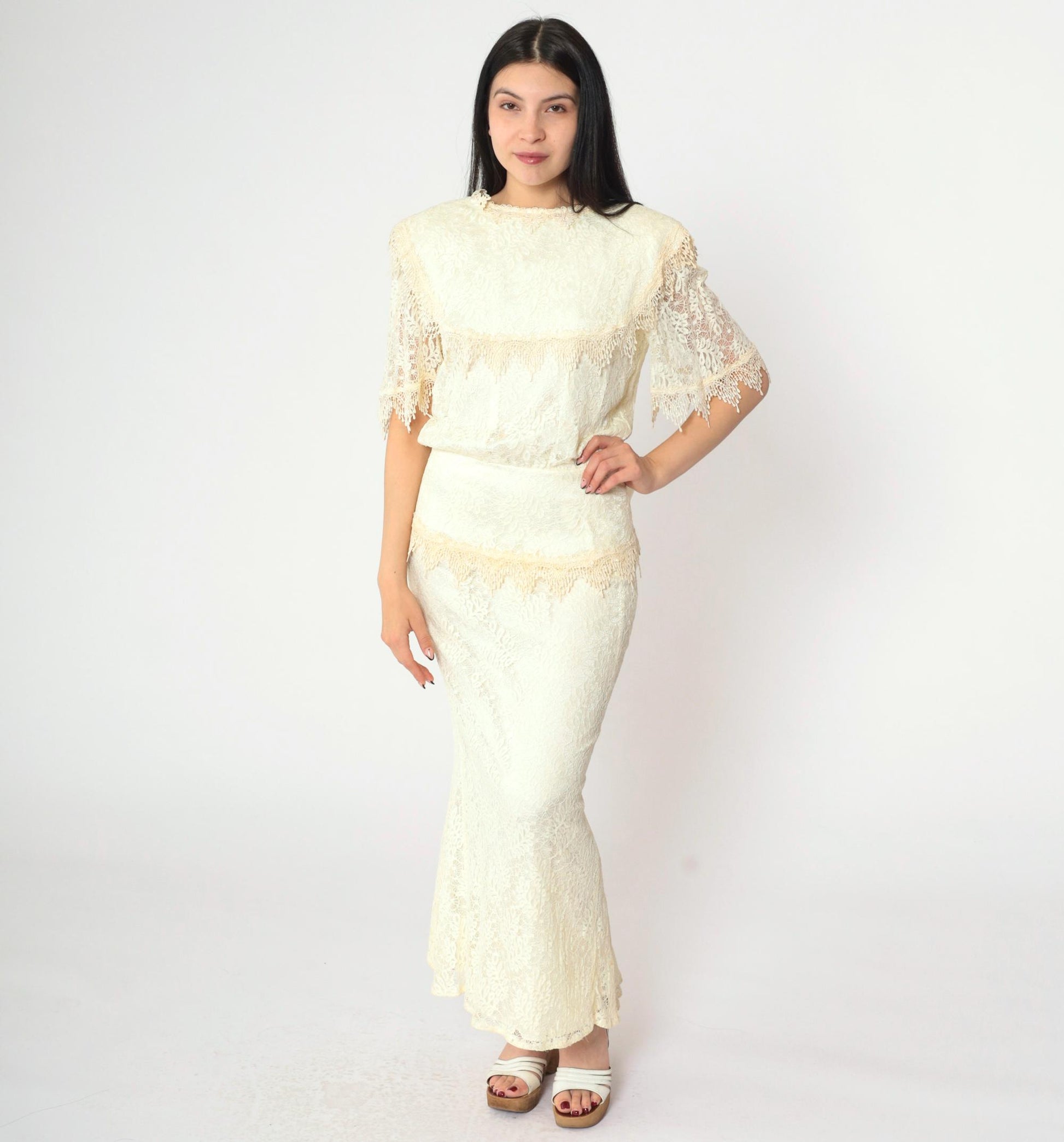 80s Jessica McClintock Ivory Lace Maxi Gown Bow Back Short Sleeve Small