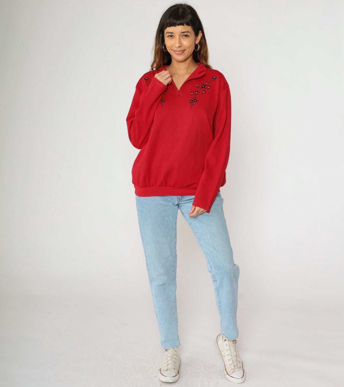 90s Karen Scott Red Floral Embroidered Quarter Zip Sweatshirt Extra Large XXL