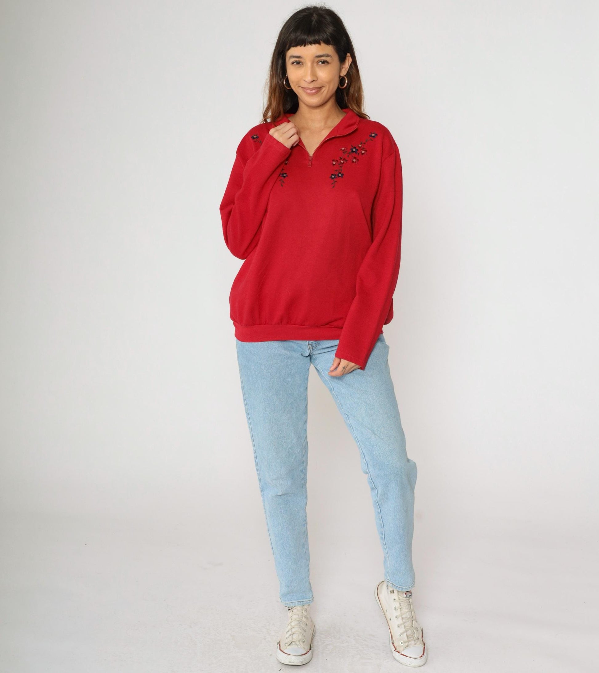 90s Karen Scott Red Floral Embroidered Quarter Zip Sweatshirt Extra Large XXL