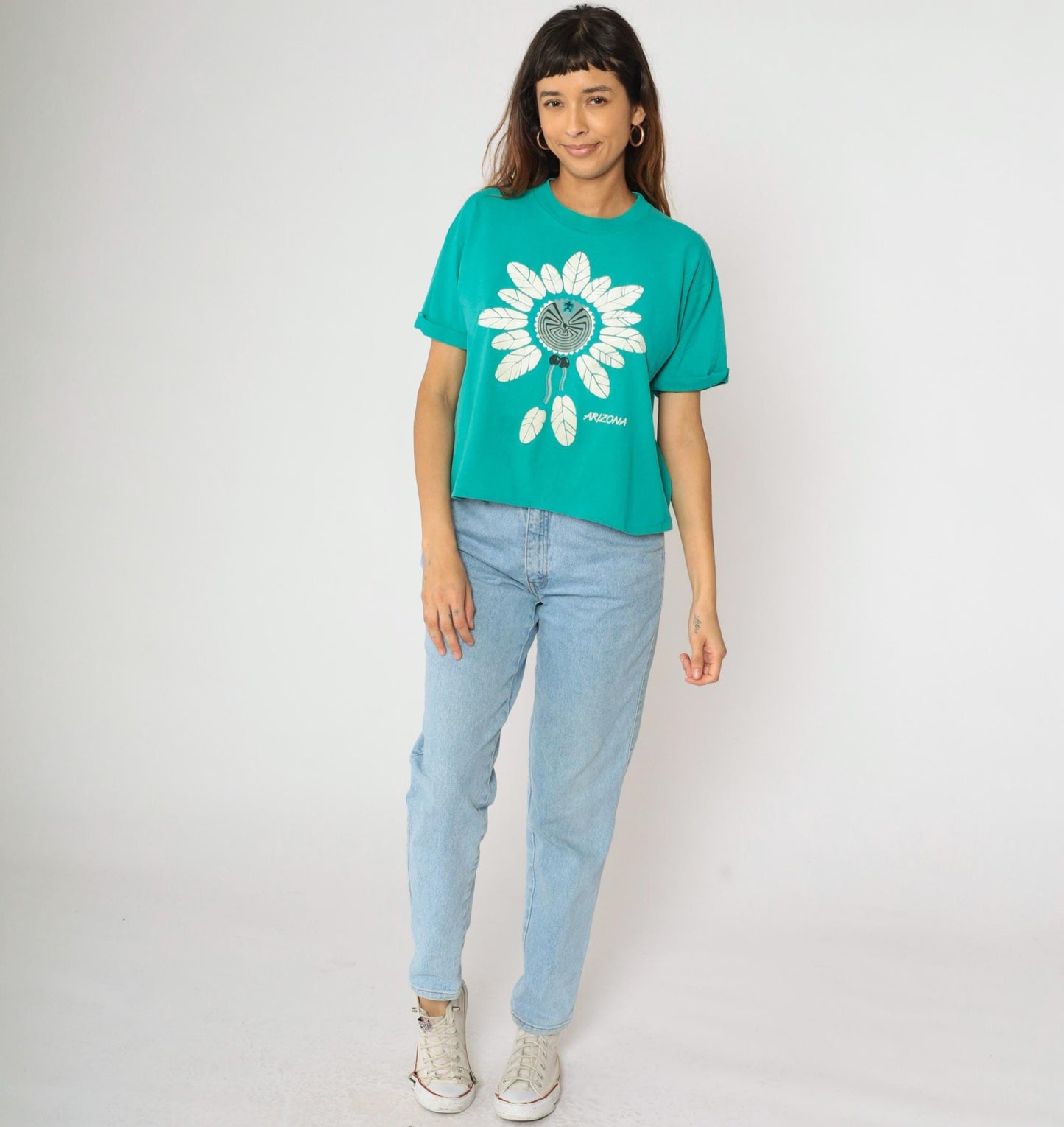 90s Arizona Turquoise Southwest Graphic Cropped T-Shirt Native American Maze Large