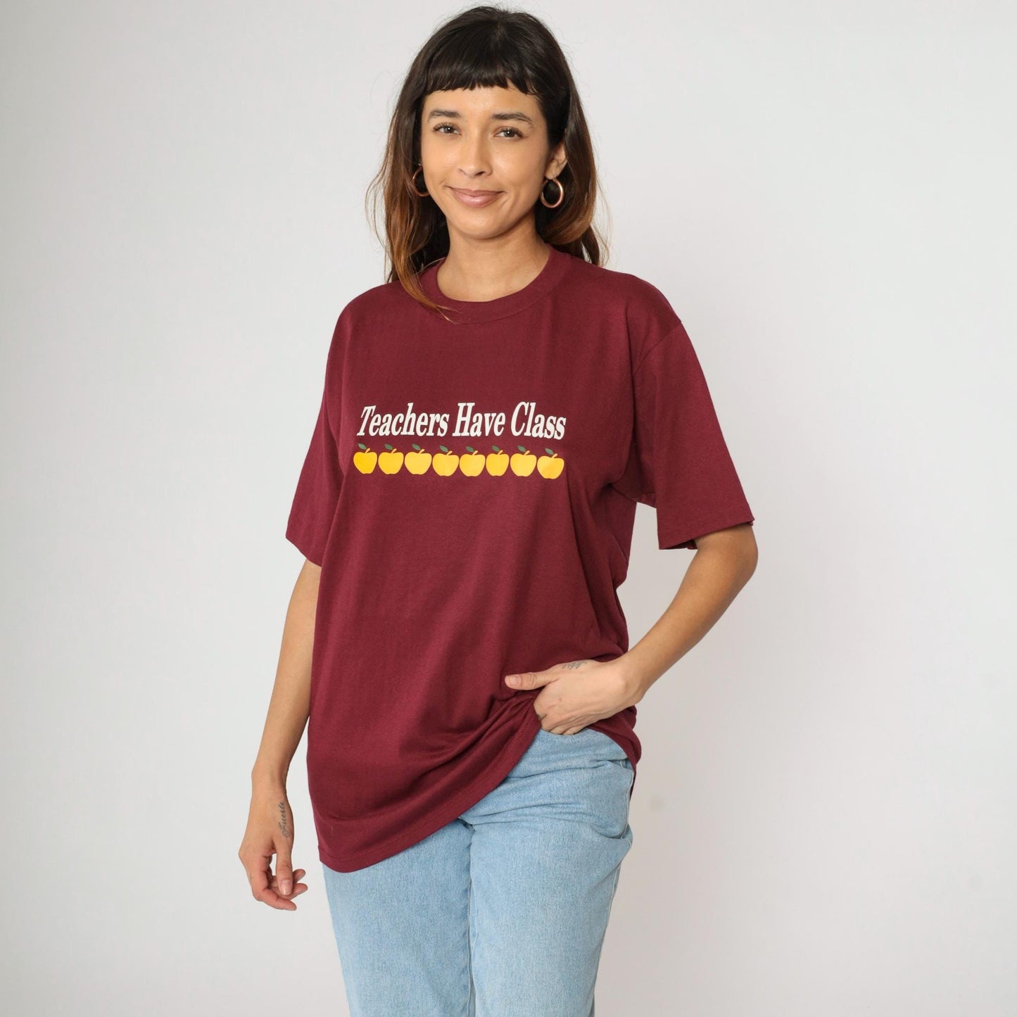 90s Jerzees Teachers Have Class Apple Graphic Tee Burgundy Large