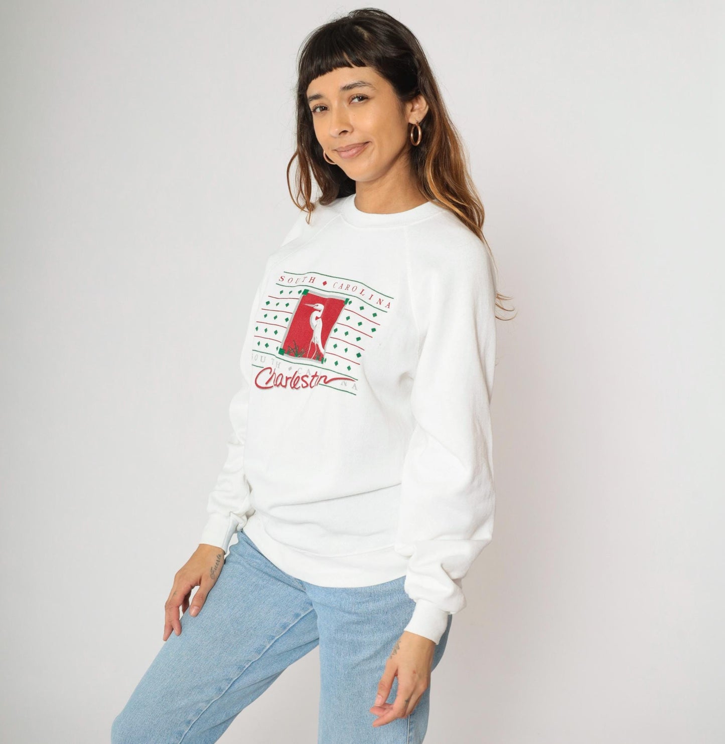90s Charleston South Carolina Egret Graphic Sweatshirt White Raglan Medium