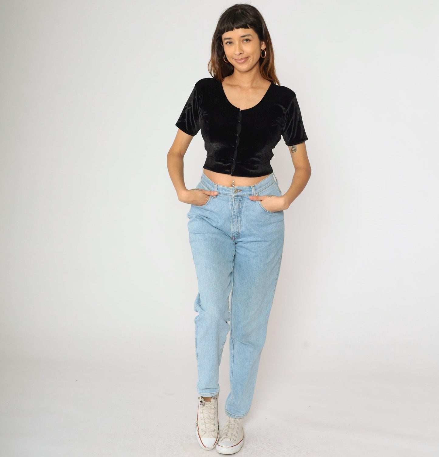 Y2K Black Velvet Crop Top Scoop Neck Short Sleeve Small S