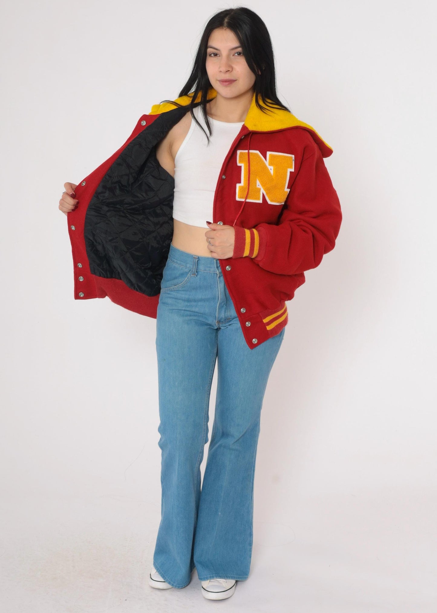 Y2K Letterman Jacket Red Gold Wool Blend Hooded Varsity Coat Large L