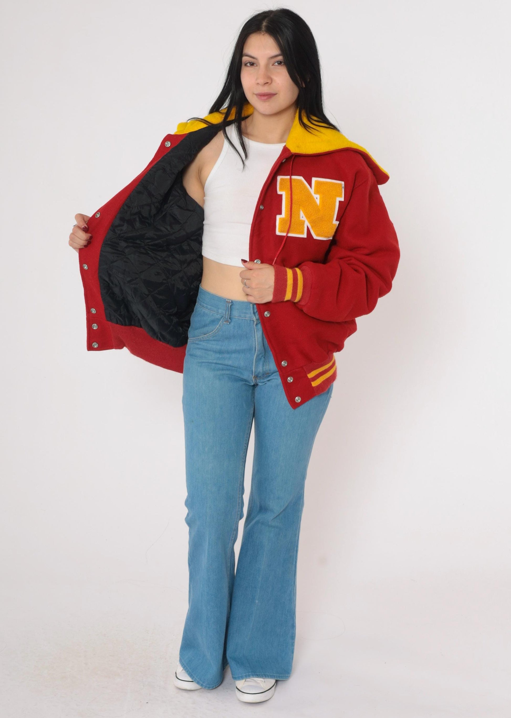 Y2K Letterman Jacket Red Gold Wool Blend Hooded Varsity Coat Large L