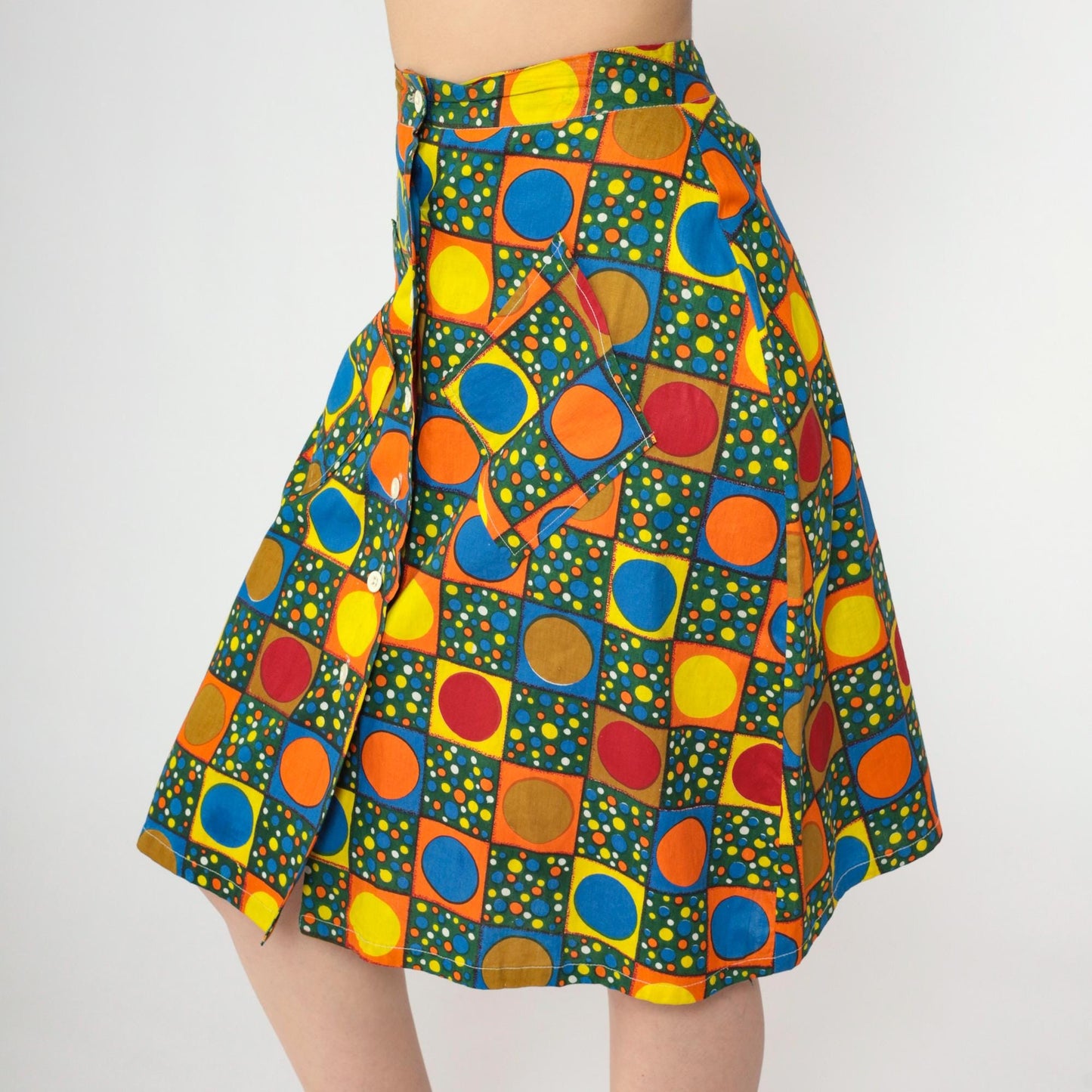 70s Polka Dot High-Waisted Skirt Knee Length Button Front Small