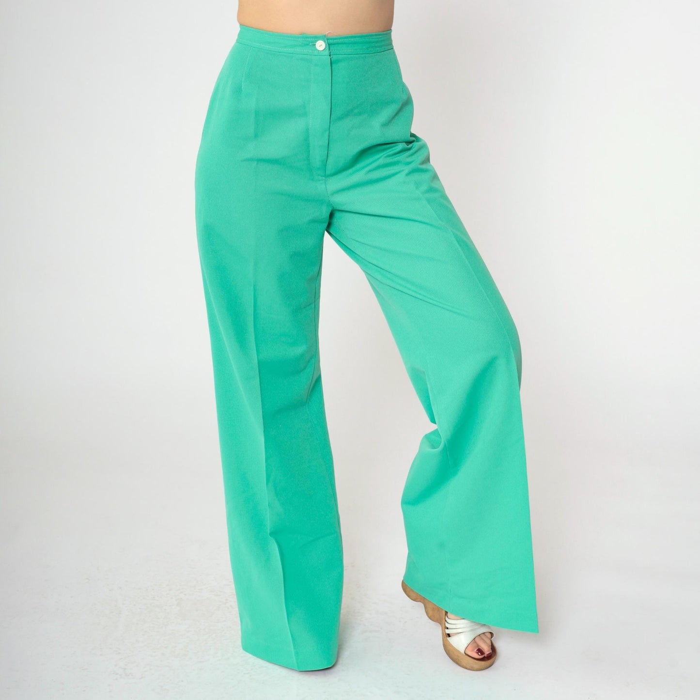70s Green Polyester High-Waist Wide-Leg Flared Trousers Small