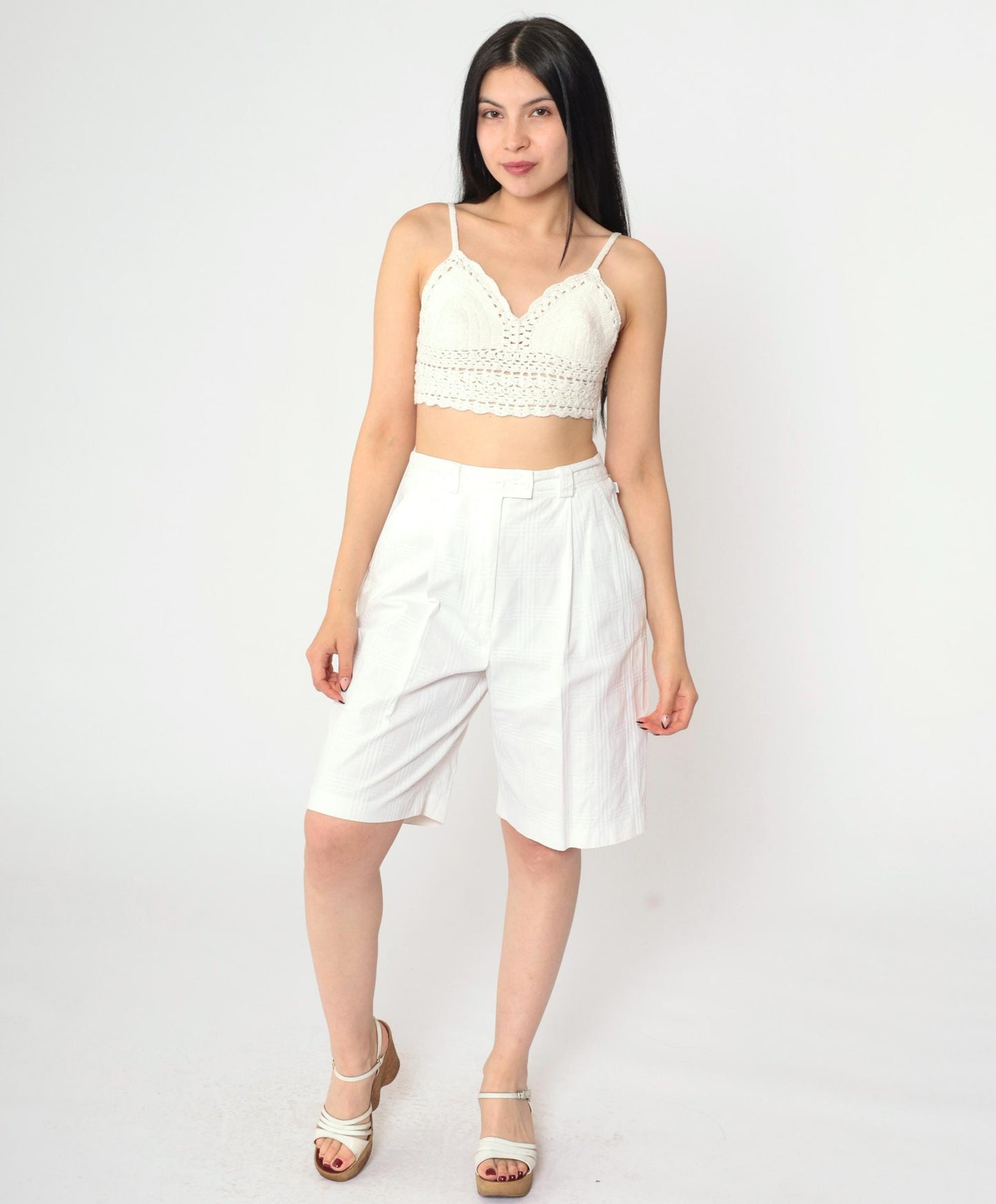 80s Lily's of Beverly Hills White Checkered Shorts Pleated High Waist Small
