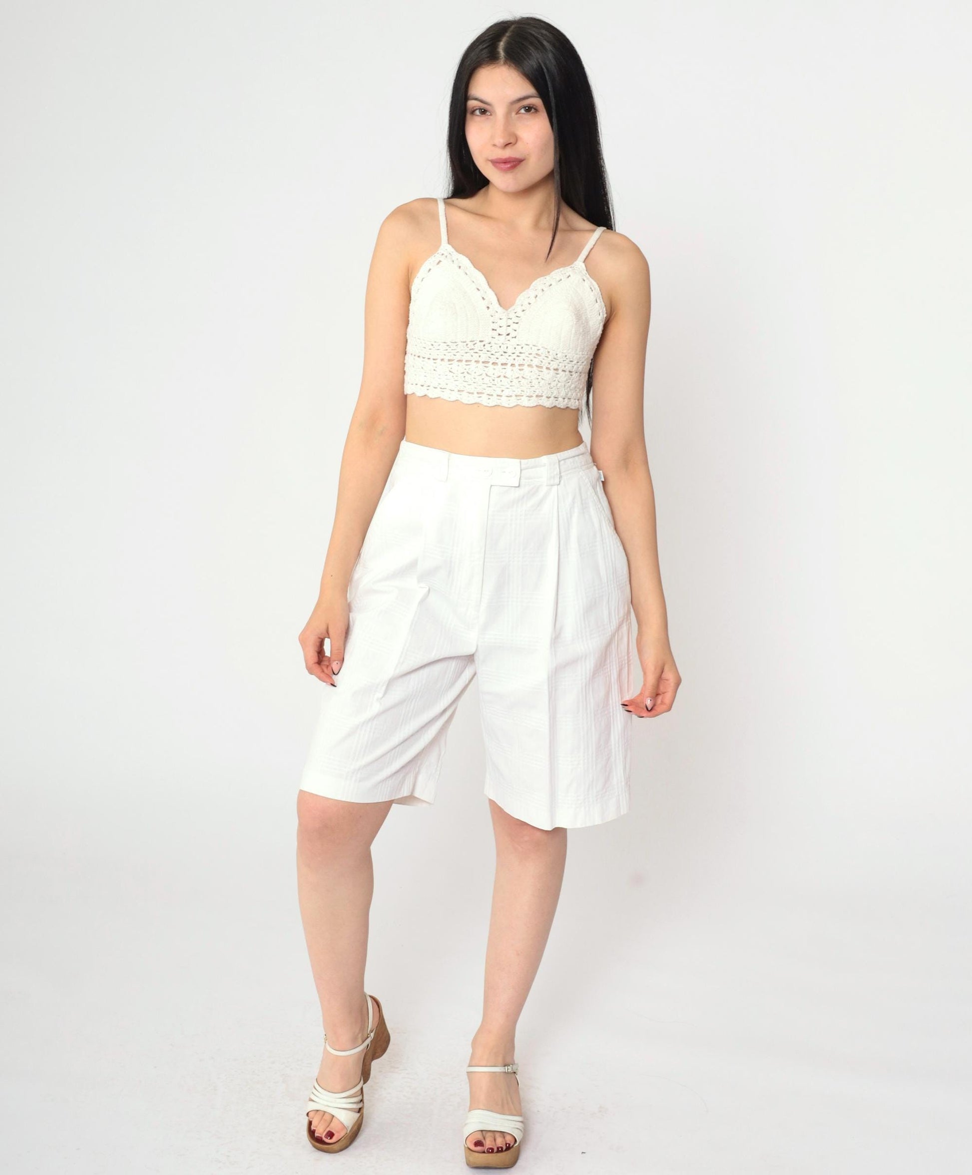 80s Lily's of Beverly Hills White Checkered Shorts Pleated High Waist Small