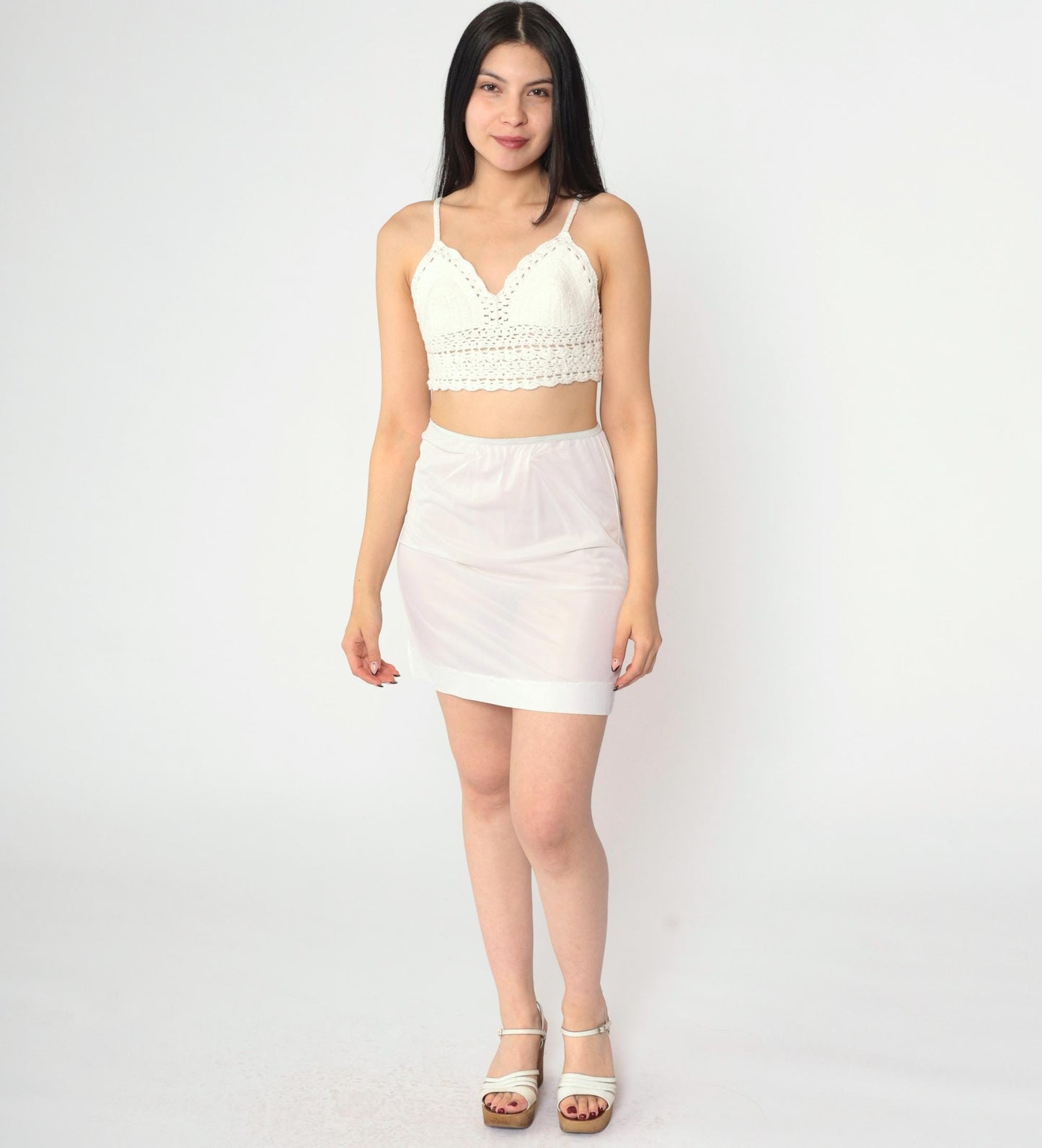 70s White Lace Slip Skirt Sheer Mini Lingerie Extra Small