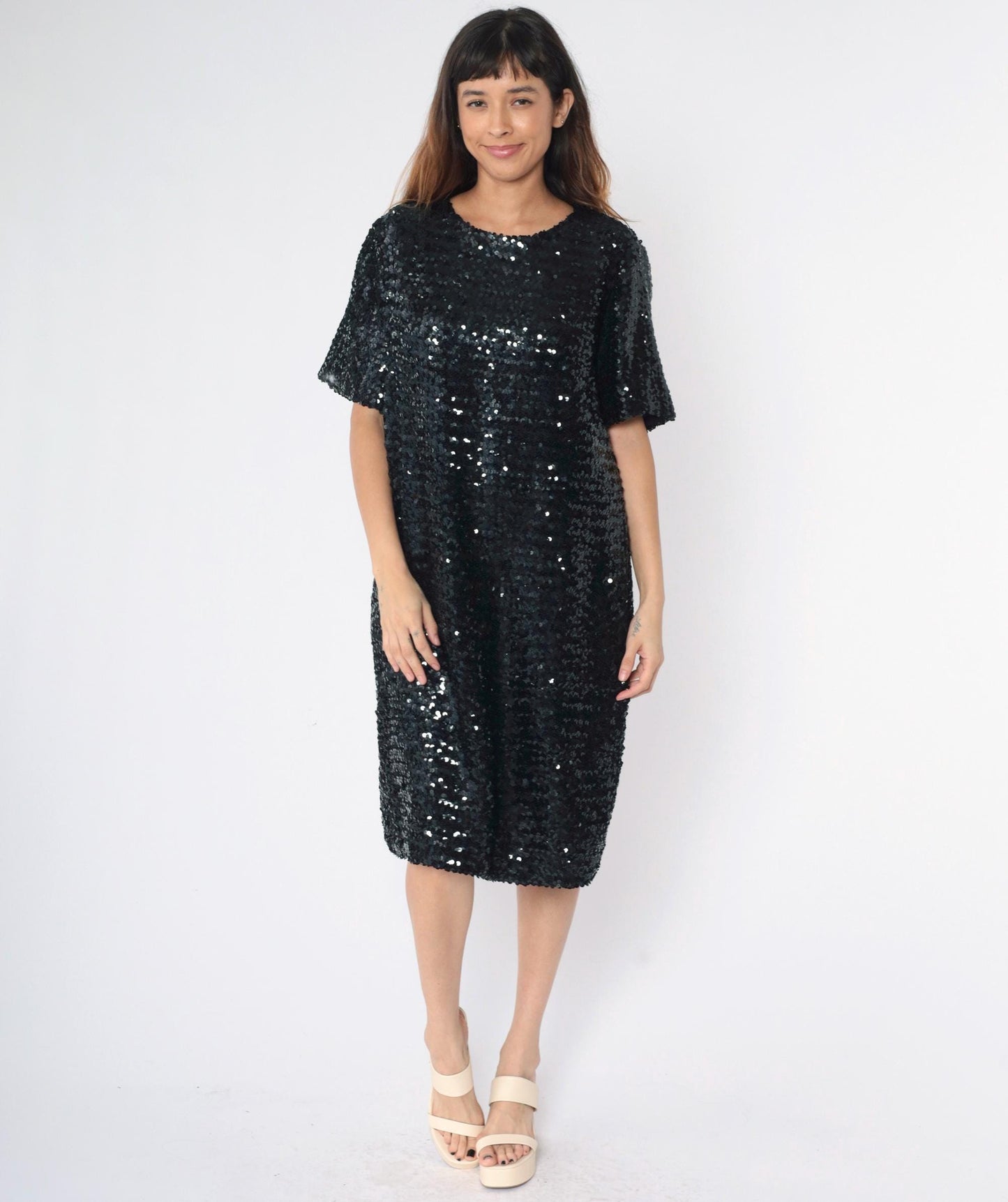 80s Black Sequin Midi Dress Short Sleeve Round Neck Shift Large L