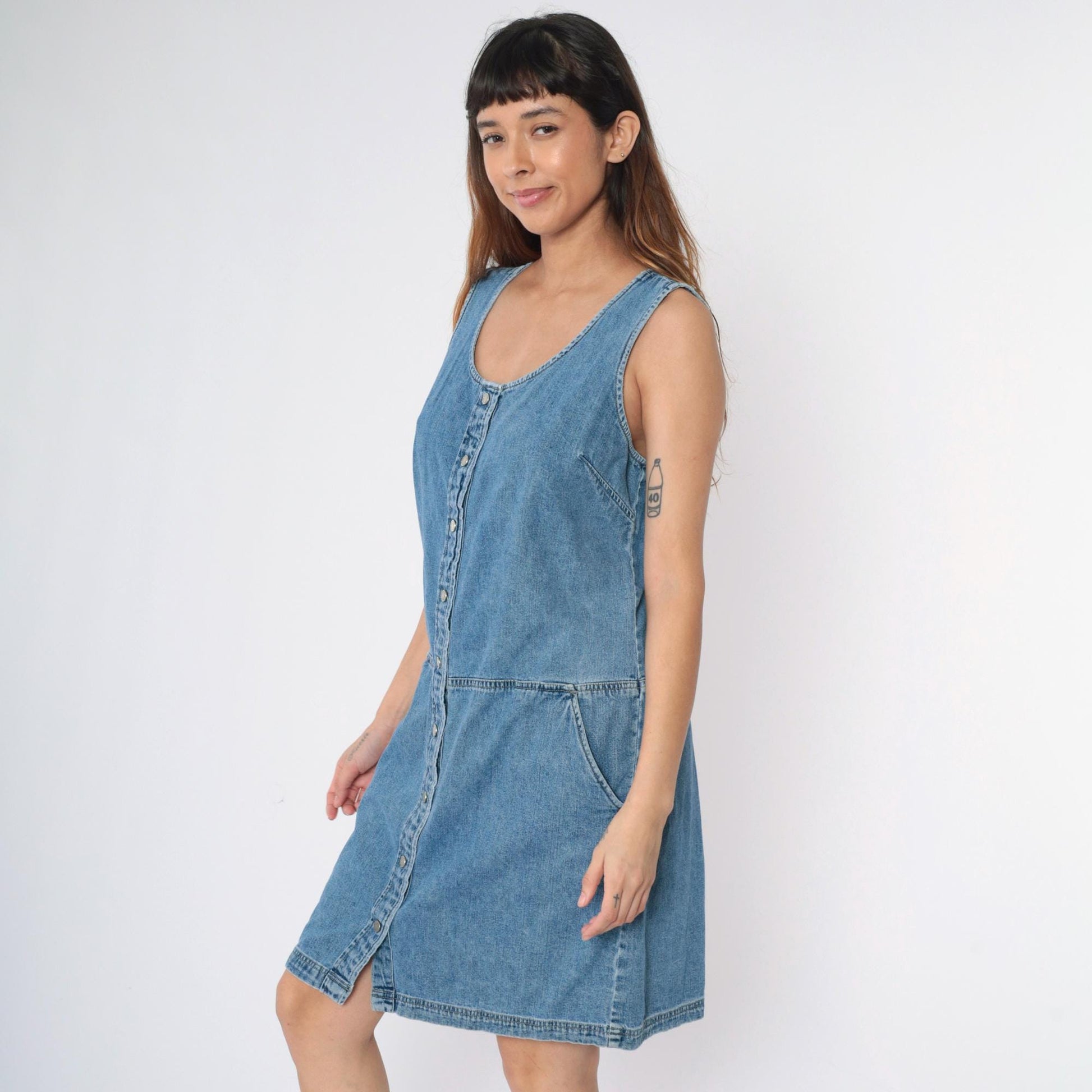 Y2K Blue Denim Jumper Dress Button-Up Sleeveless Knee-Length Large 12