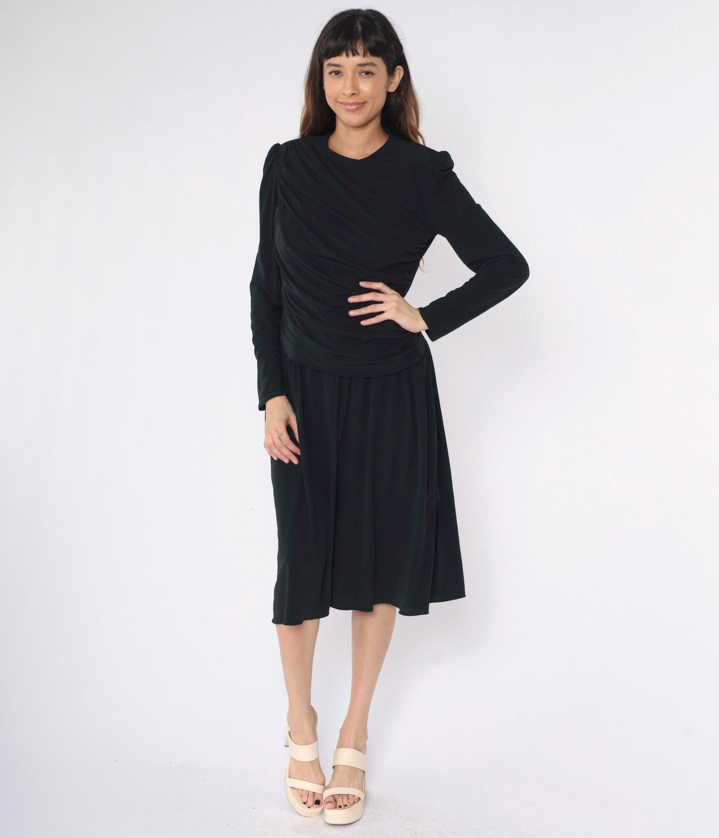 80s Saks Fifth Avenue Black Midi Dress Puff Sleeve Draped Ruched Medium
