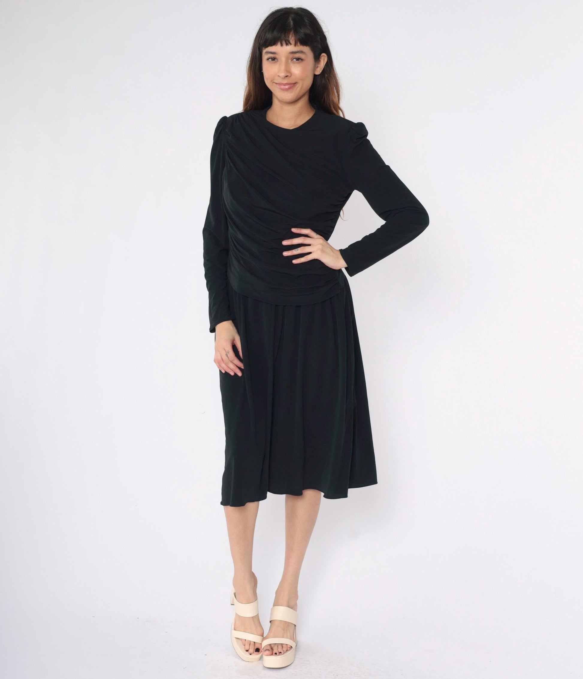 80s Saks Fifth Avenue Black Midi Dress Puff Sleeve Draped Ruched Medium