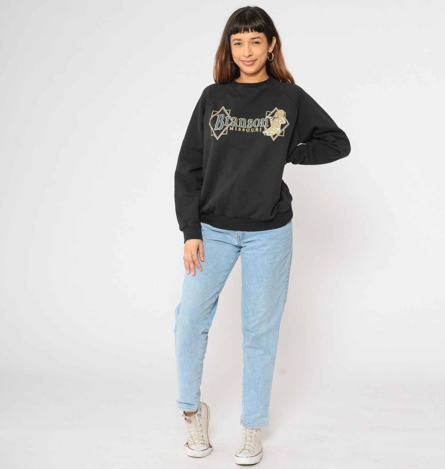 90s Branson Missouri Cowboy Boot Graphic Sweatshirt Black Crewneck Large L