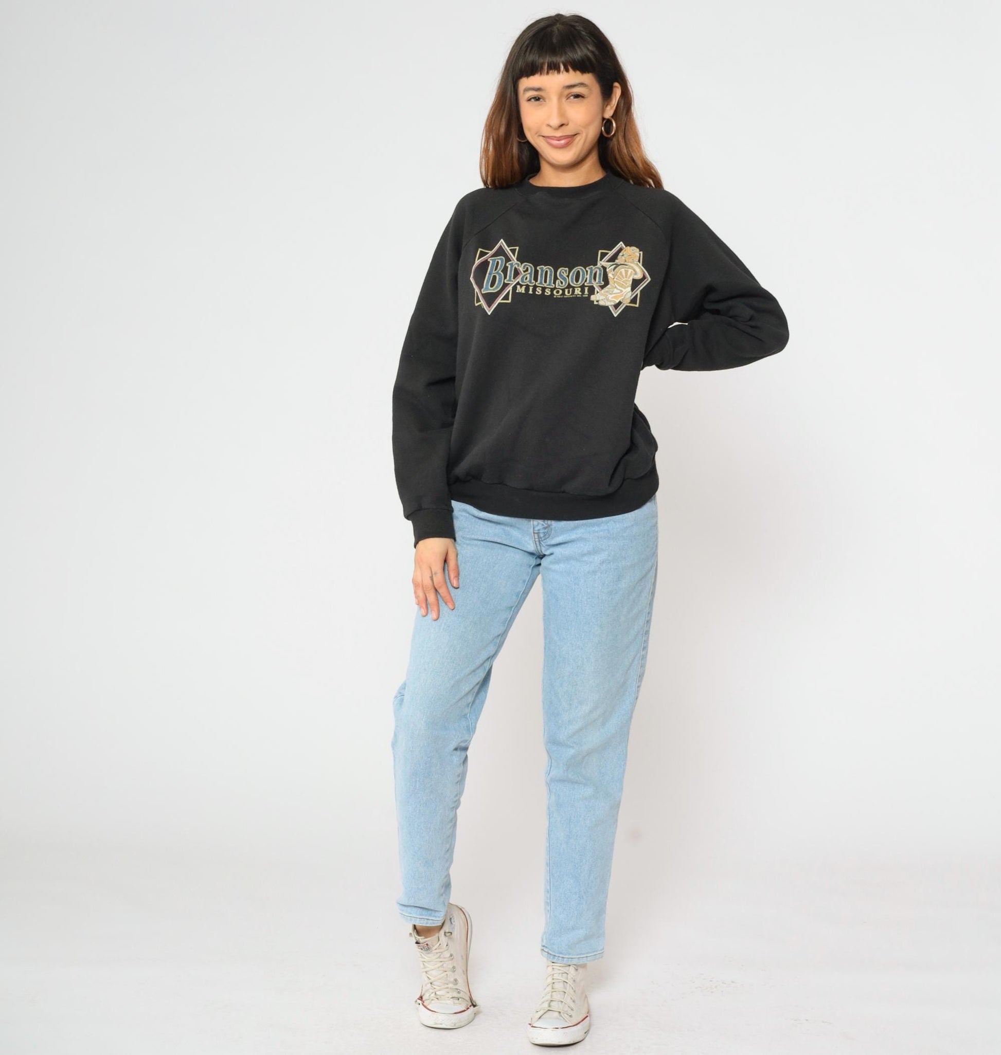 90s Branson Missouri Cowboy Boot Graphic Sweatshirt Black Crewneck Large L