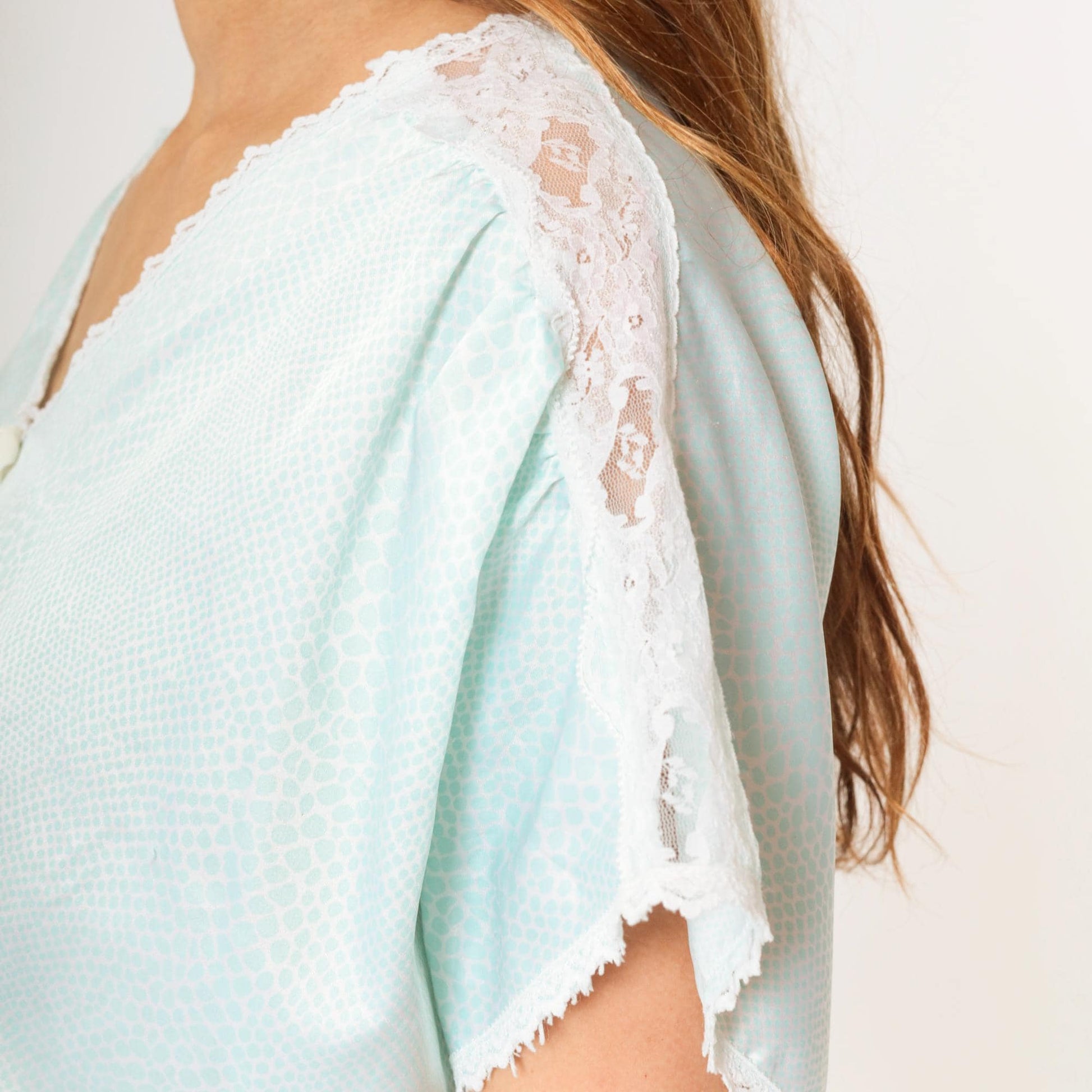 80s Aqua Satin Snakeskin Pajama Top Lace Trim Cropped V-Neck Medium