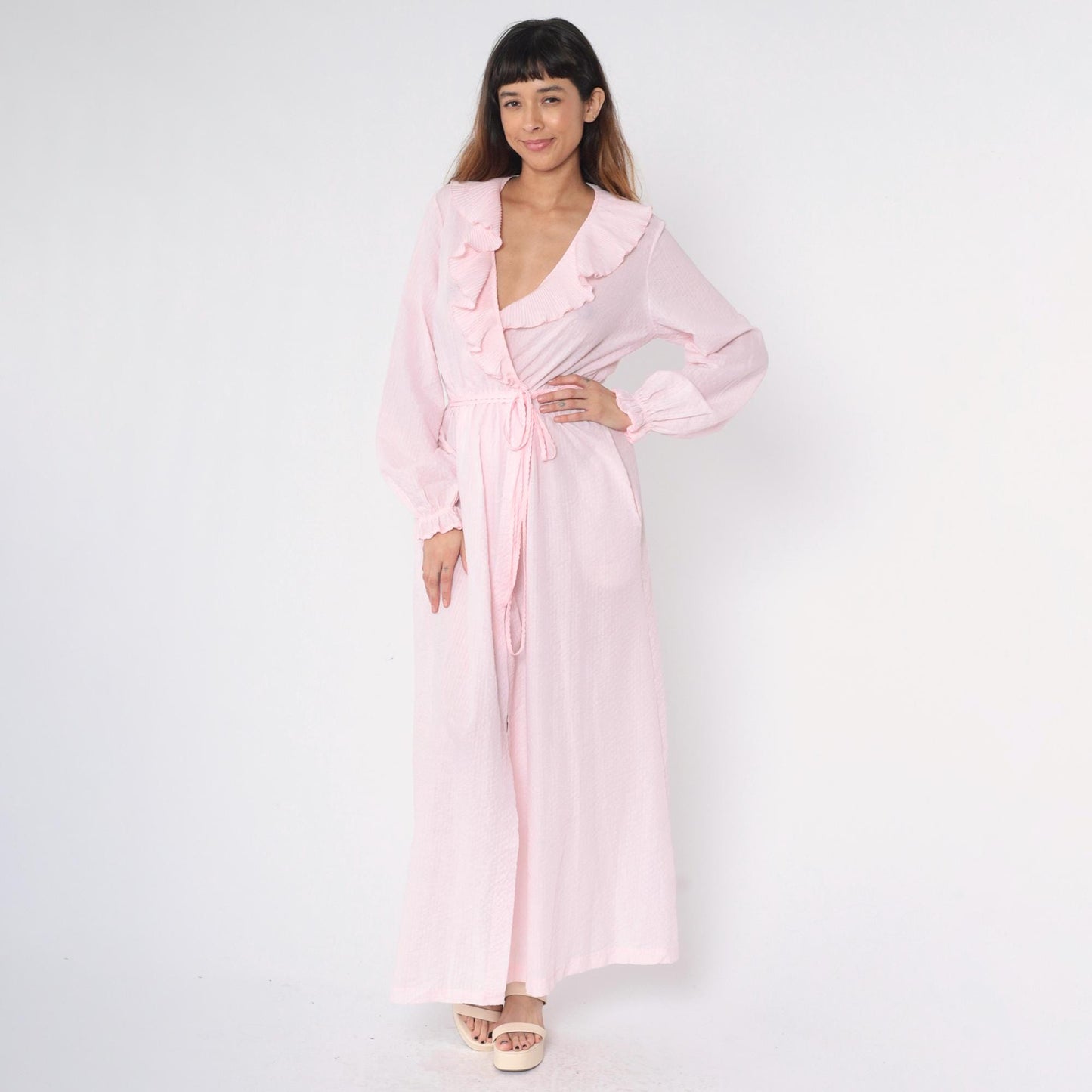 80s Pink Seersucker Wrap Dress Deep V Ruffle Collar Maxi Small