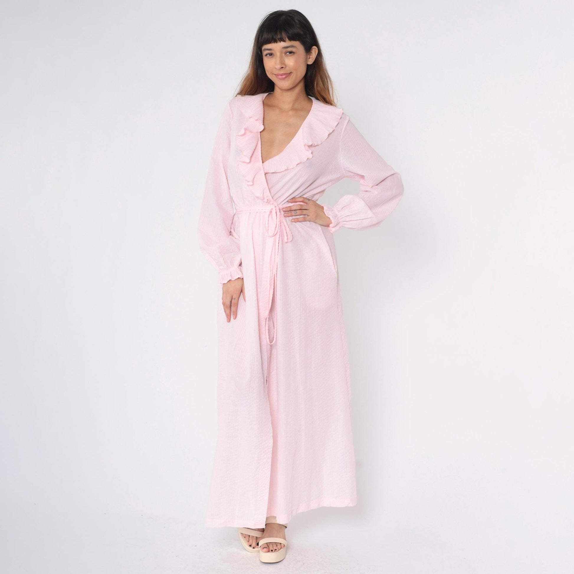 80s Pink Seersucker Wrap Dress Deep V Ruffle Collar Maxi Small