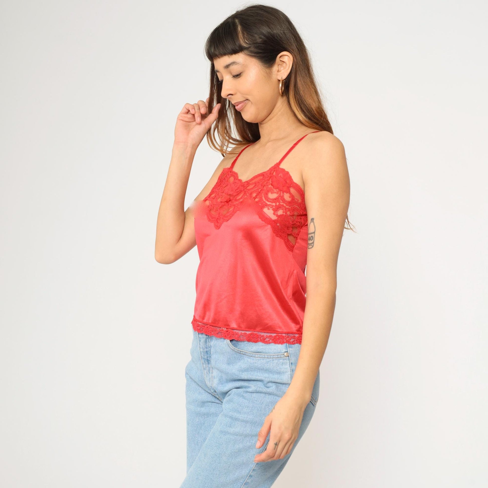 80s Red Satin Camisole Lace Trim Sweetheart Neckline Small S