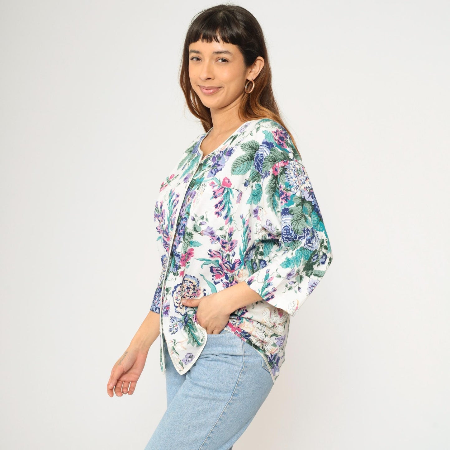 90s Earth Angels Floral Cotton Blouse White Purple Blue Green Piped Trim Large