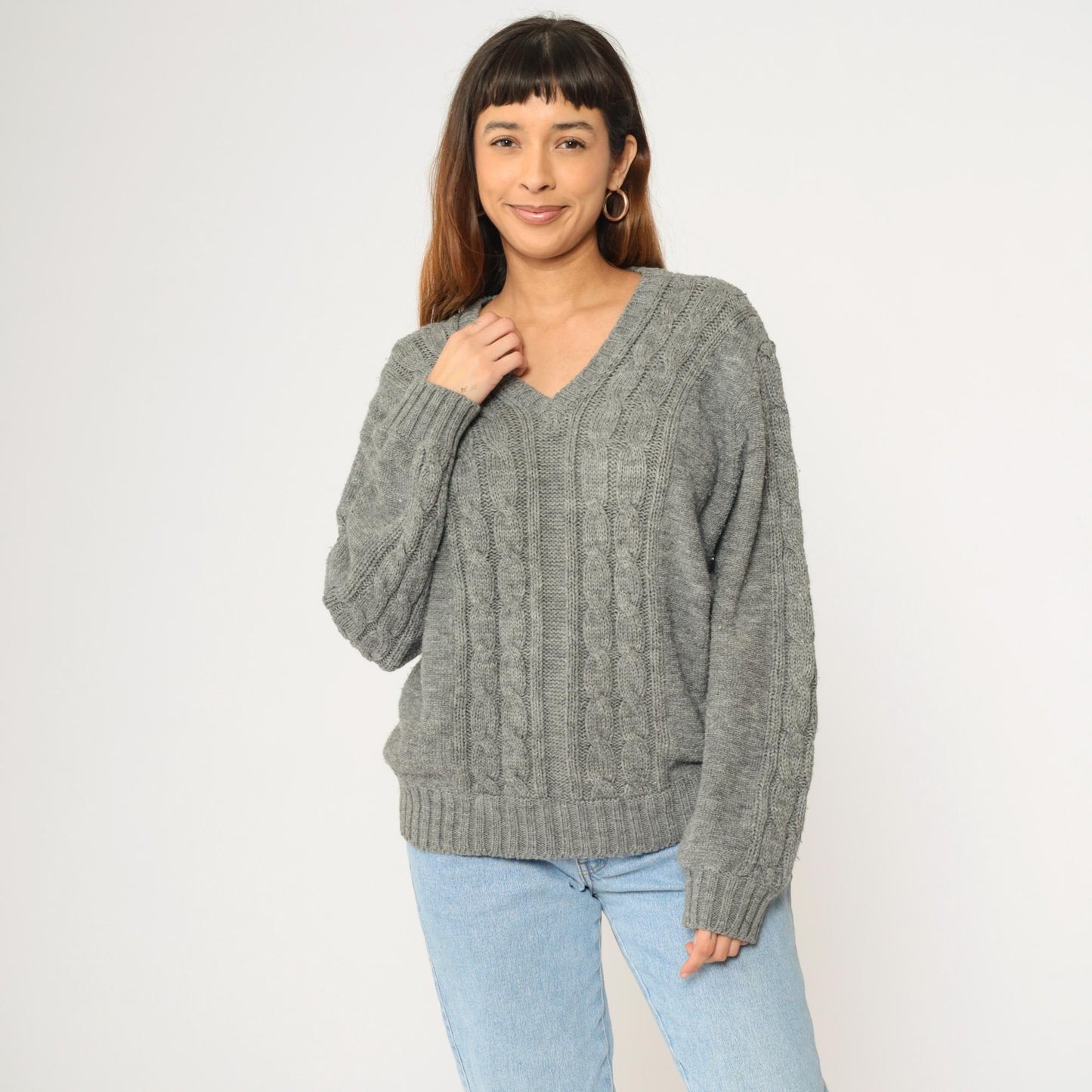 80s Campus Cable Knit V-Neck Sweater Grey Acrylic Pullover Medium M