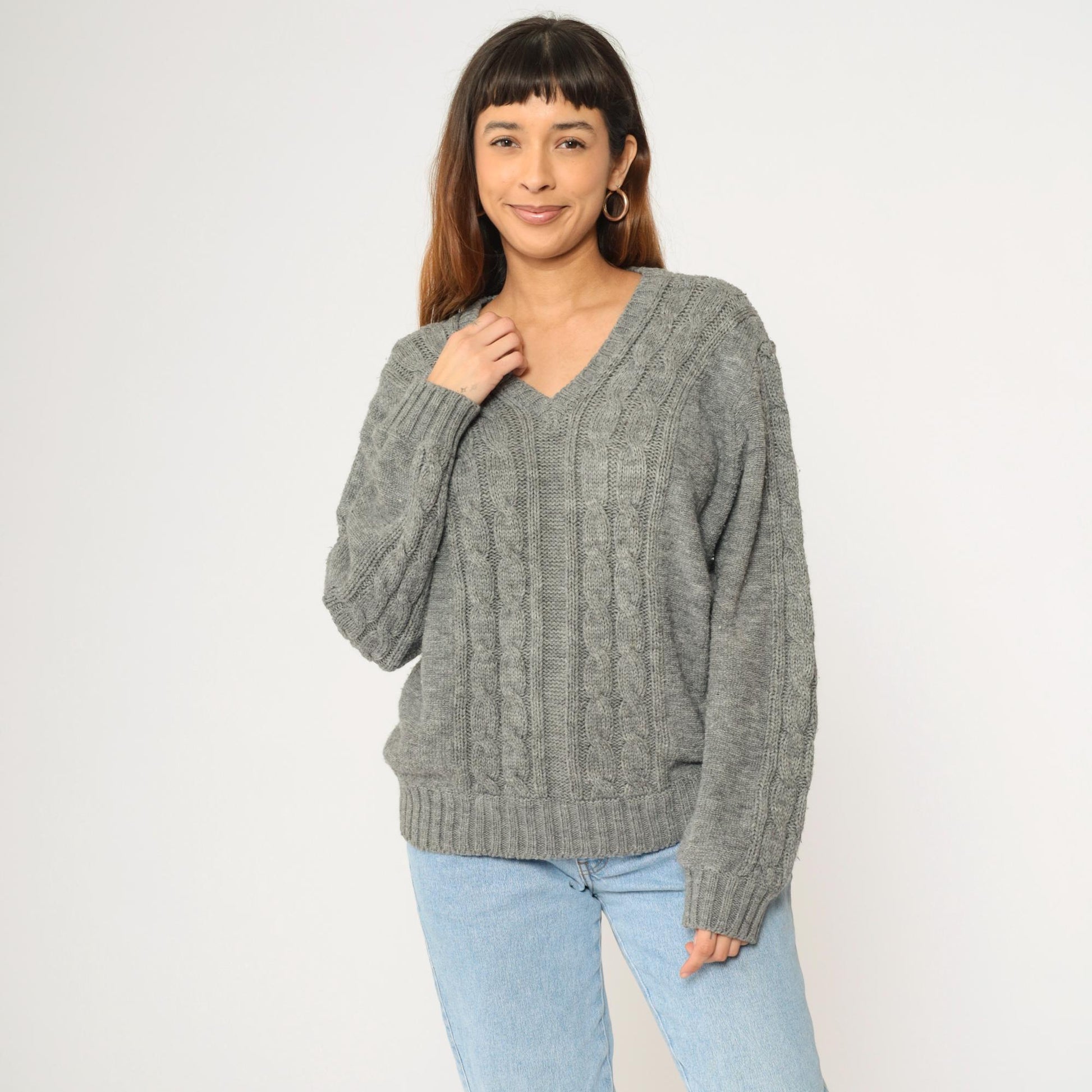 80s Campus Cable Knit V-Neck Sweater Grey Acrylic Pullover Medium M