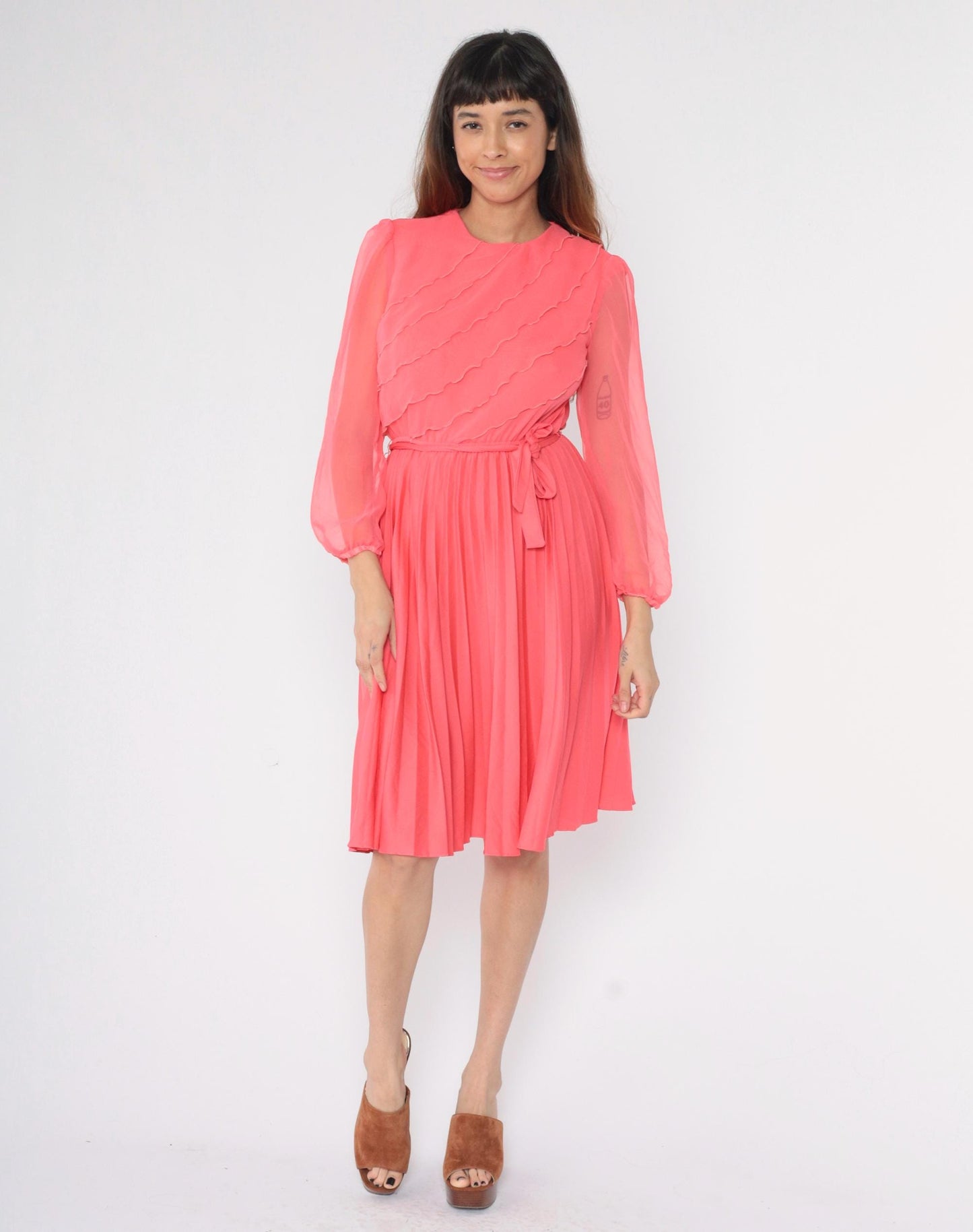 70s Pink Chiffon Ruffle Midi Dress Pleated Elastic Waist Small S