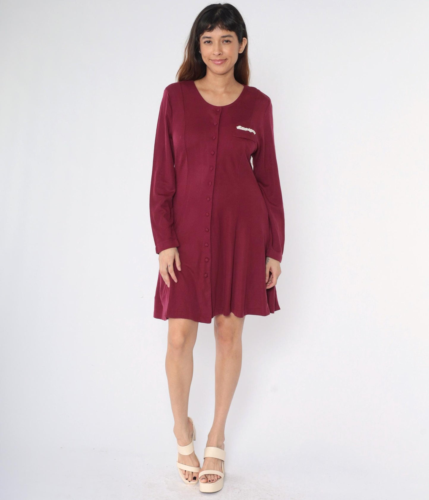 90s Burgundy Mini Shirtdress Long Sleeve Button Down Tie Back Medium M